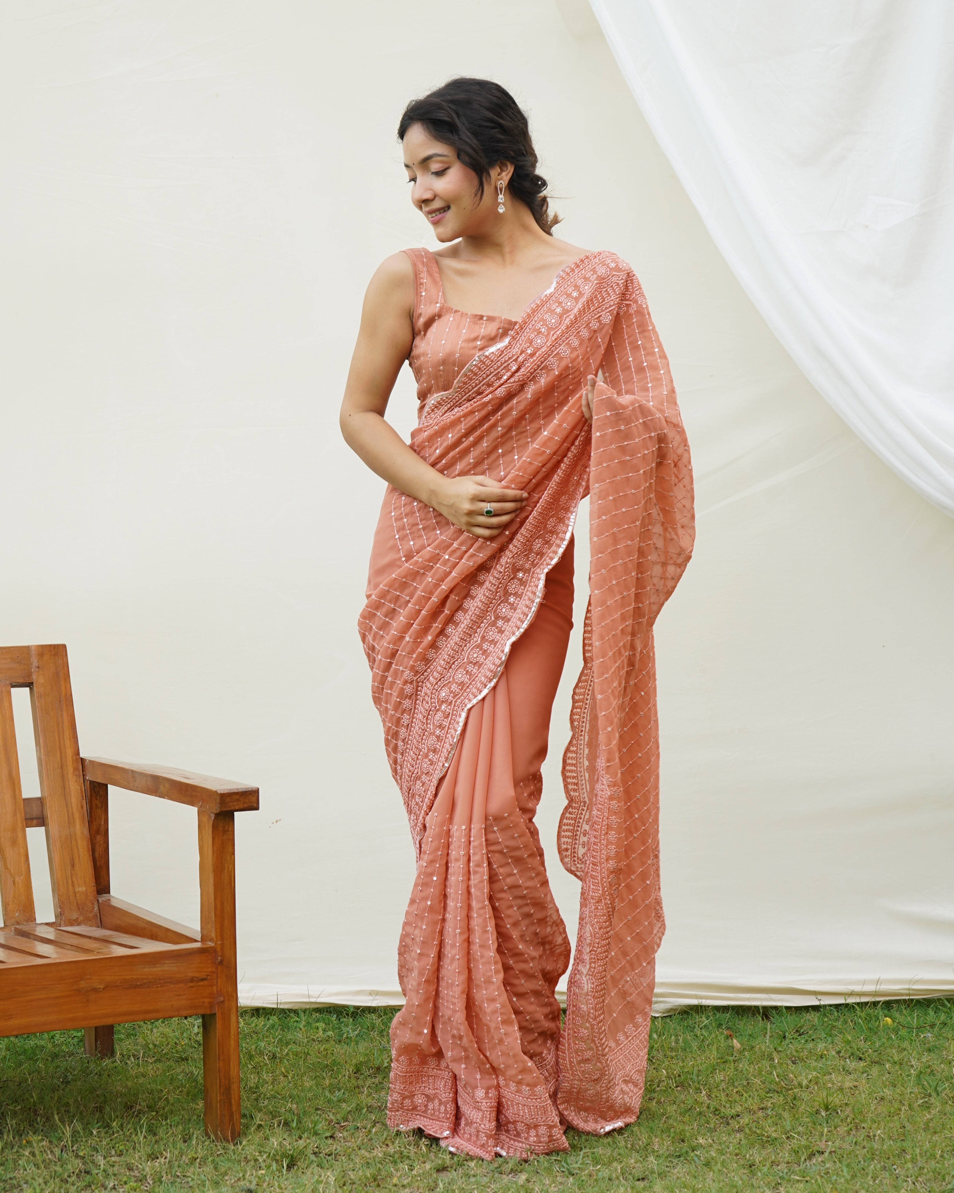 Orange Georgette Saree With Sattin Benglori Blouse