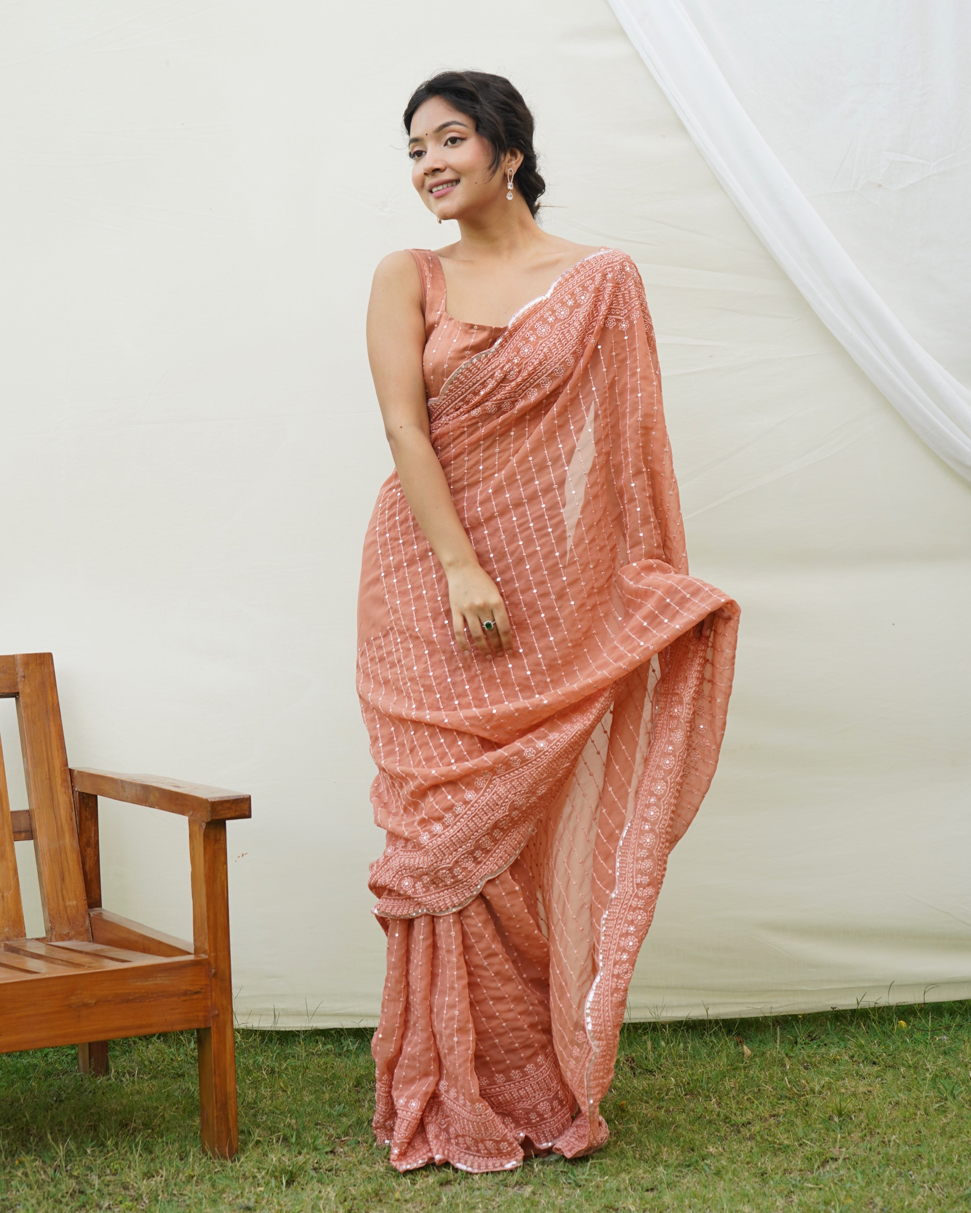 Orange Georgette Saree With Sattin Benglori Blouse