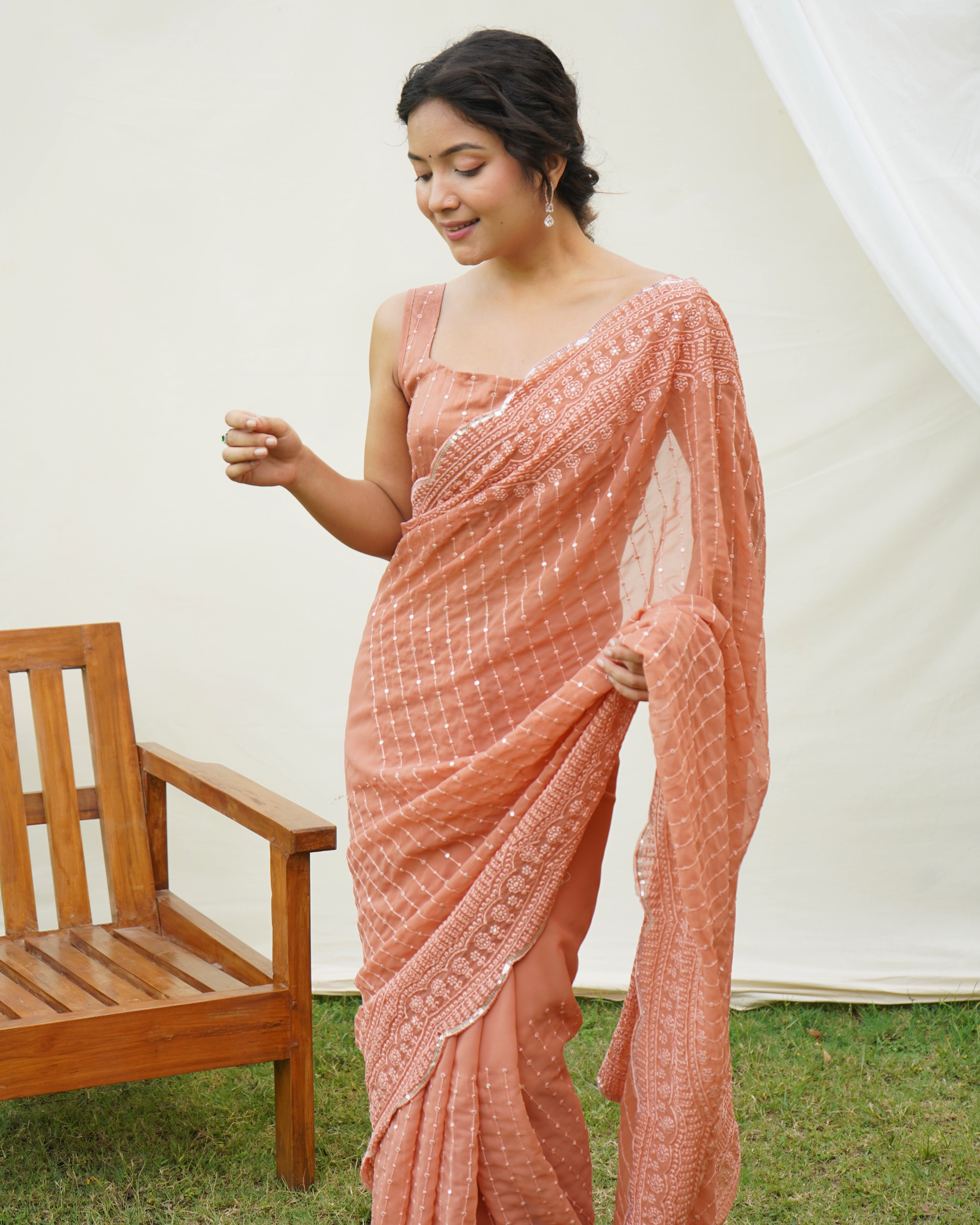 Orange Georgette Saree With Sattin Benglori Blouse