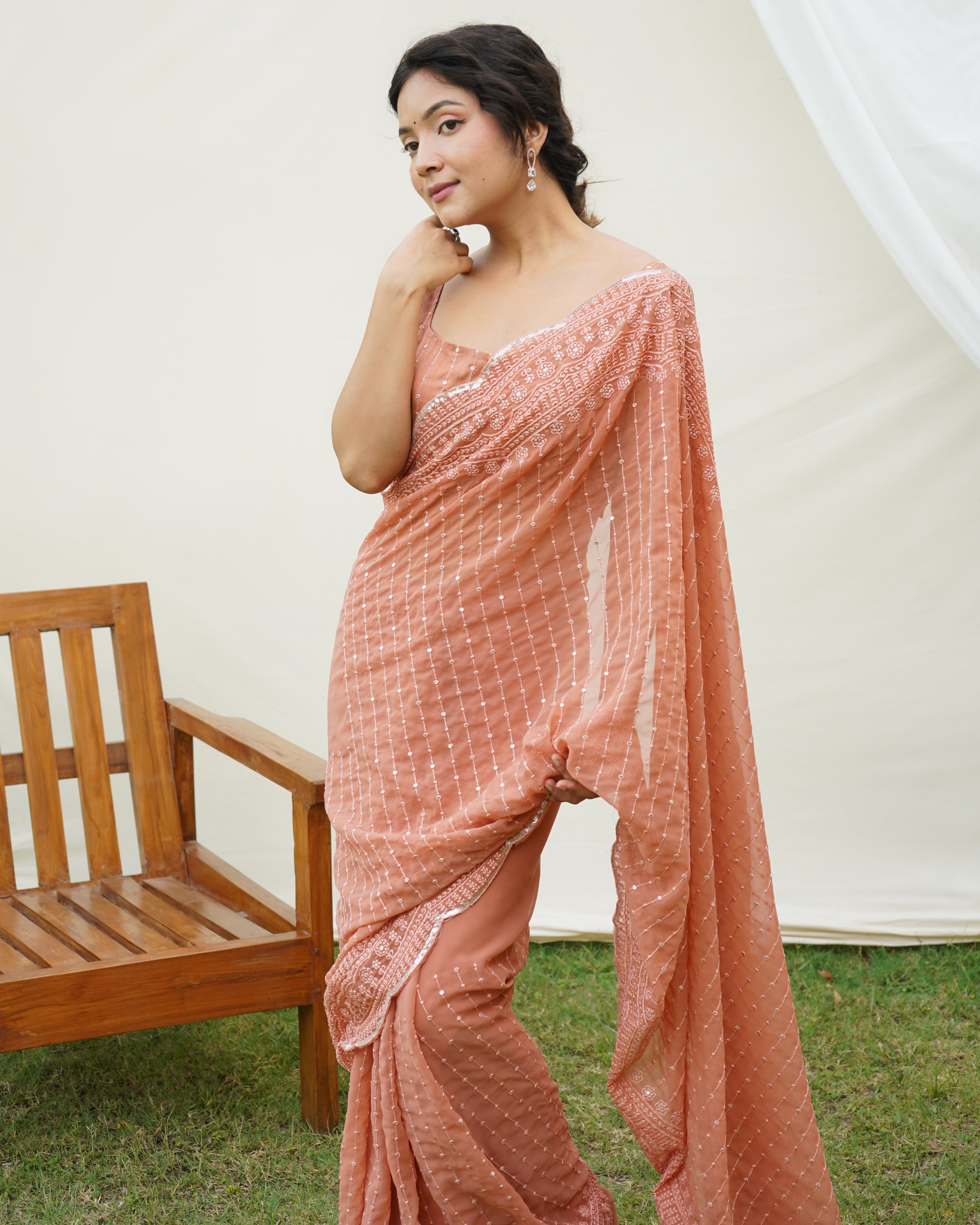 Orange Georgette Saree With Sattin Benglori Blouse