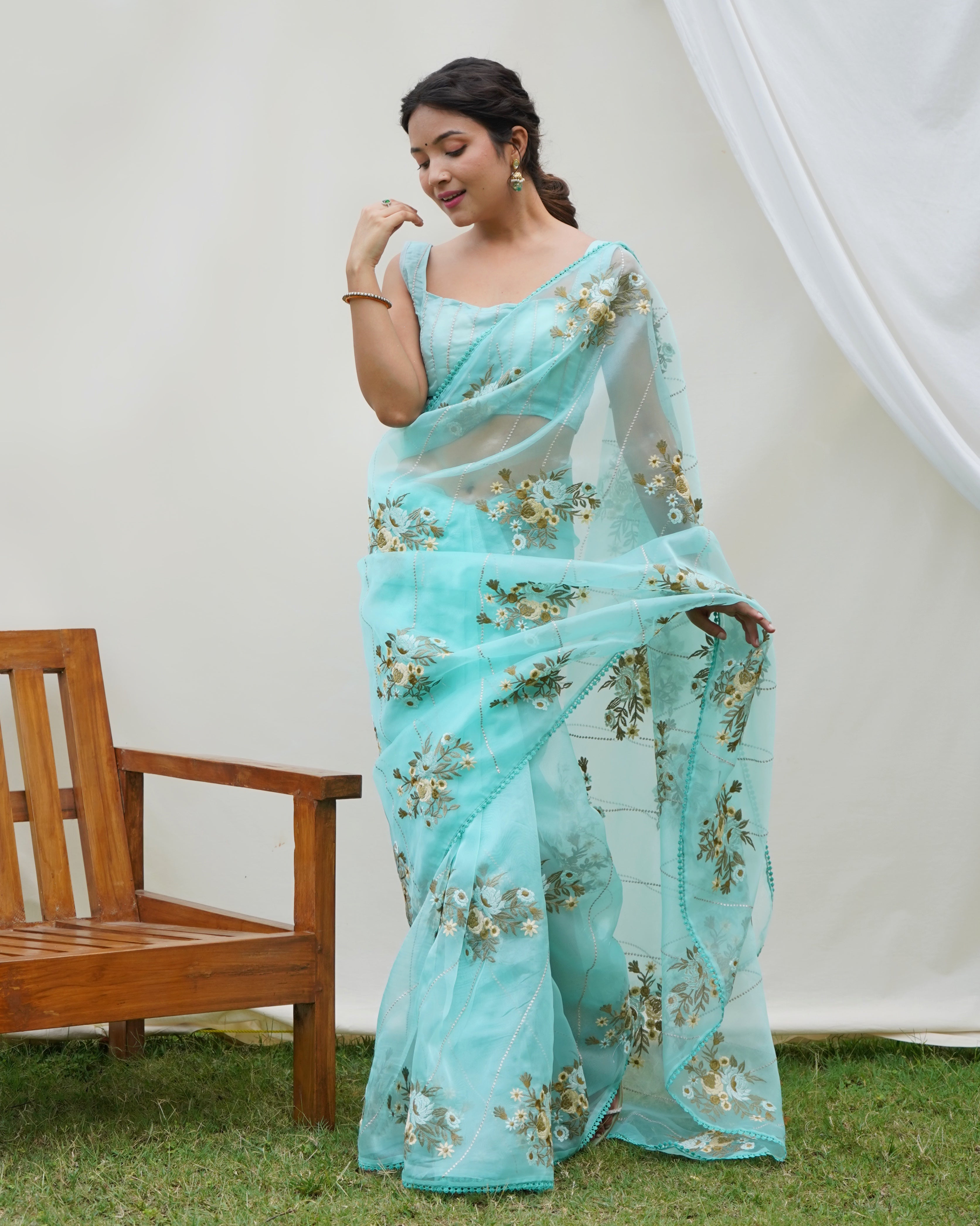 Blue Organza silk Saree With Organza silk Blouse