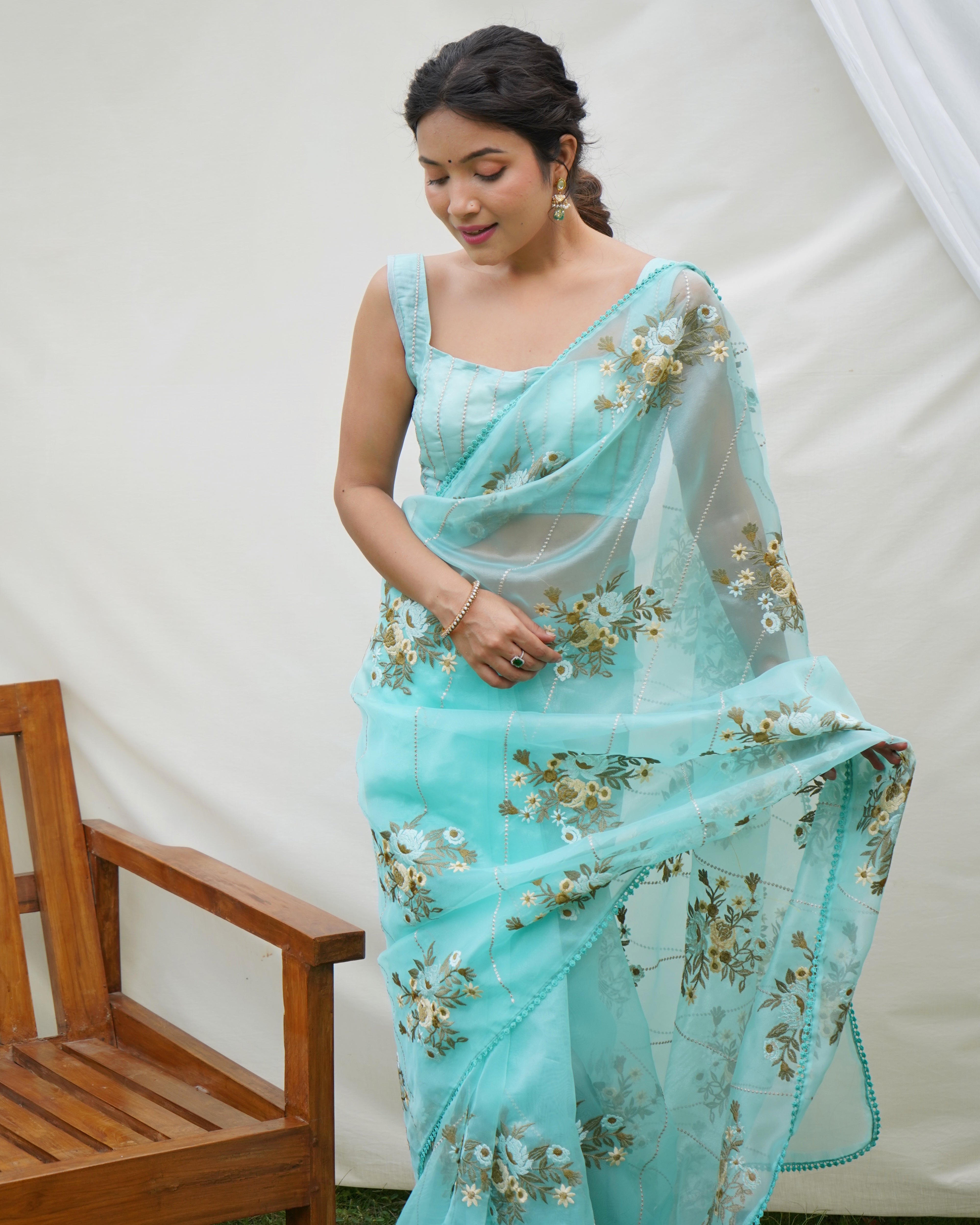 Blue Organza silk Saree With Organza silk Blouse