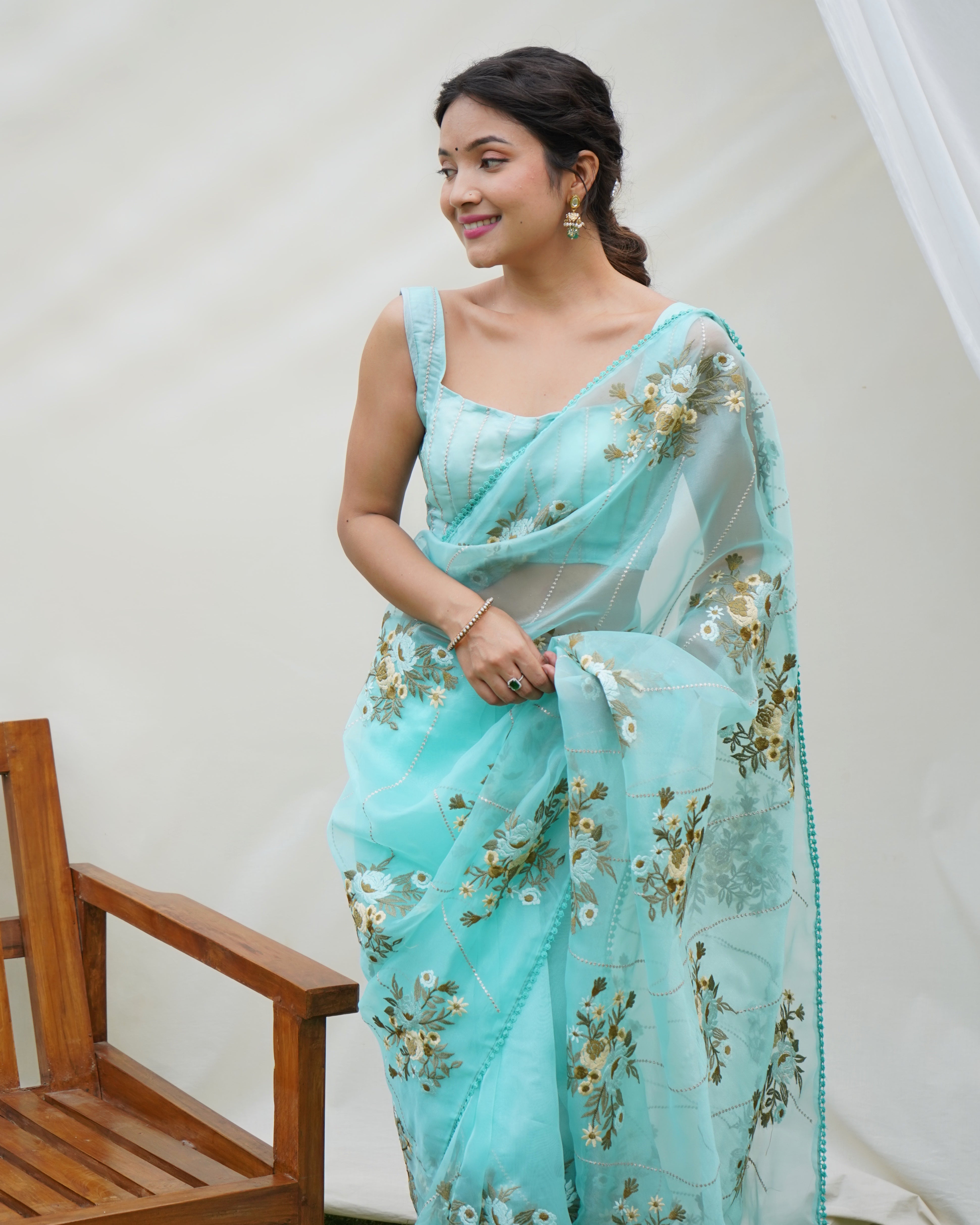 Blue Organza silk Saree With Organza silk Blouse