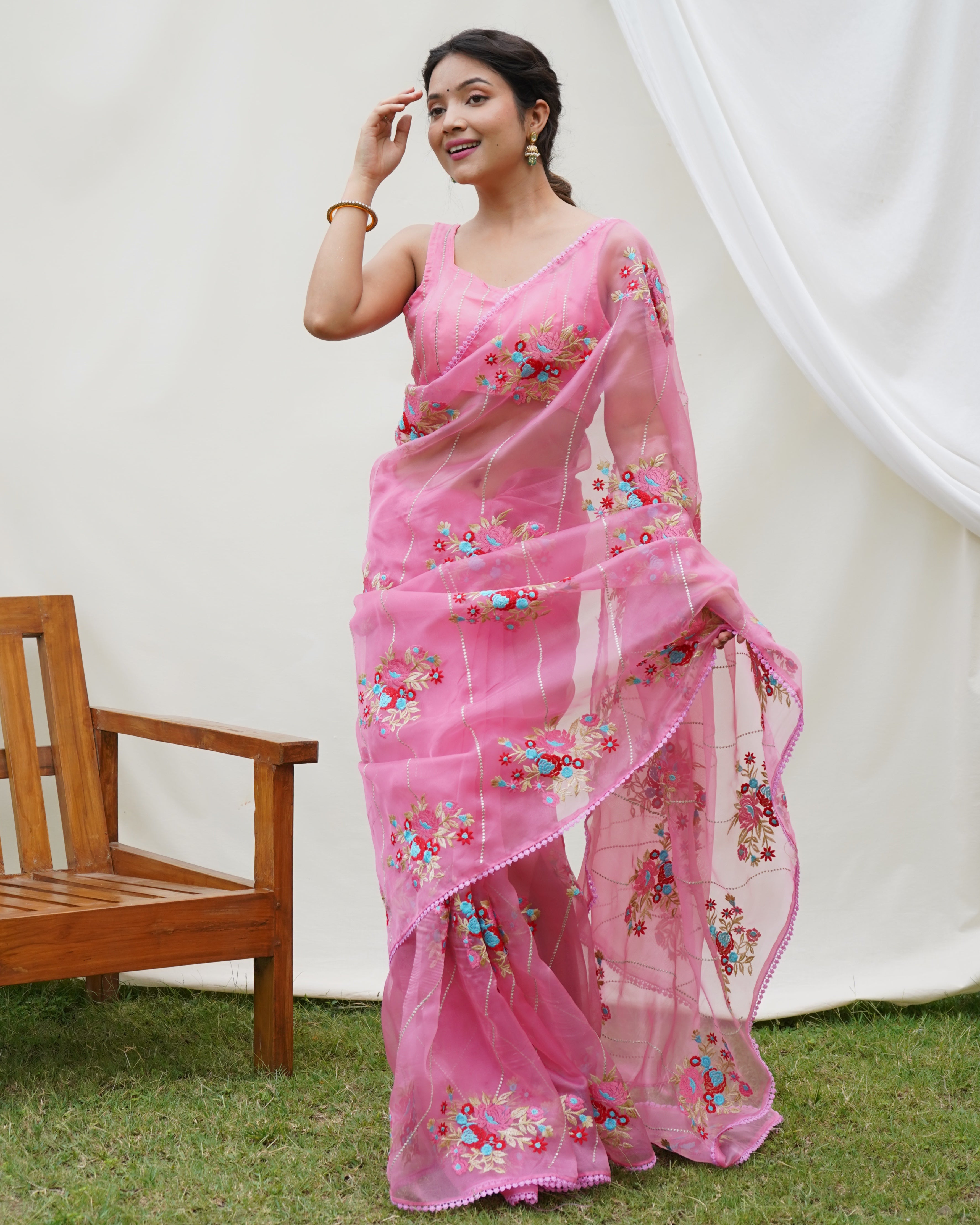 Pink Organza silk Saree With Organza silk Blouse