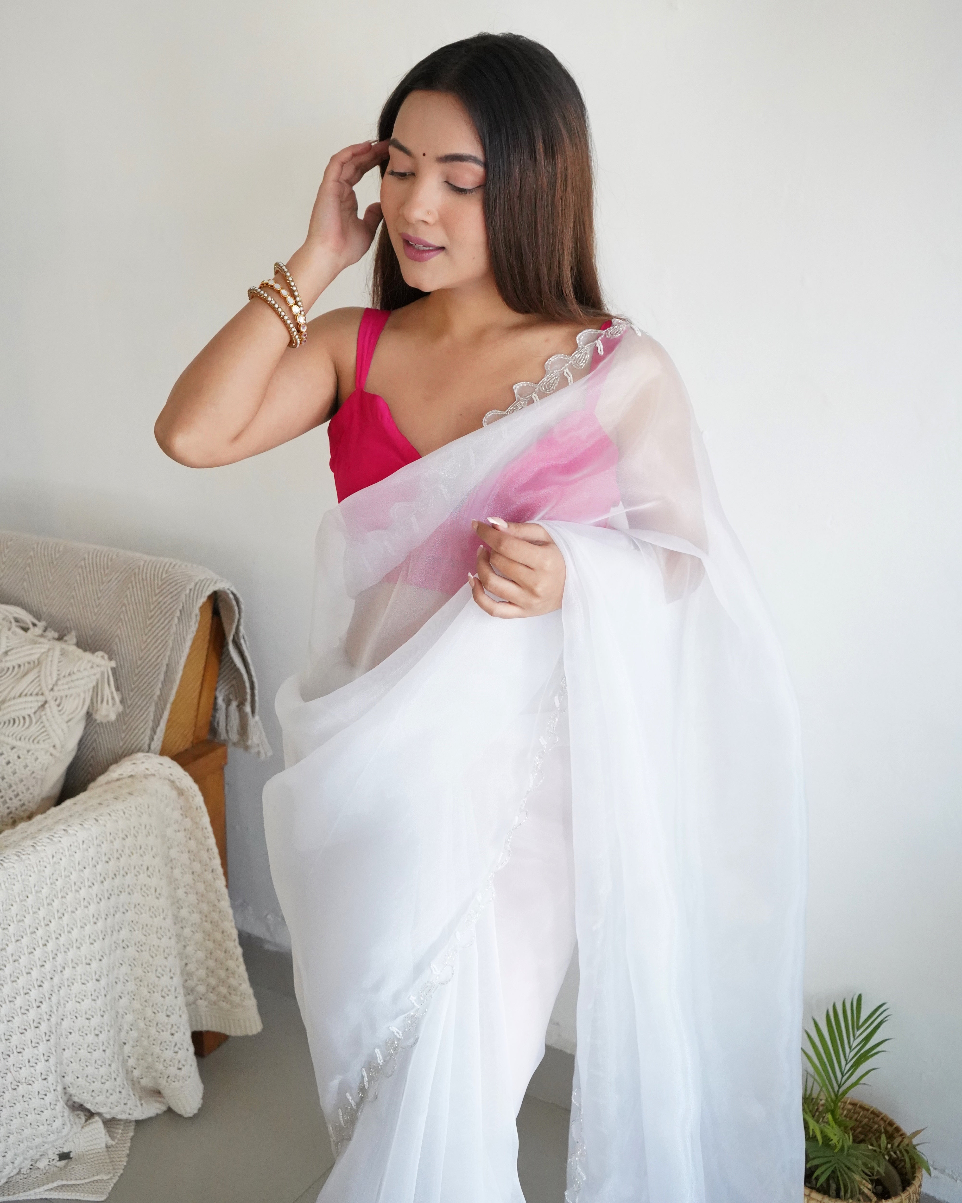 White Organza Saree With Chikankari Blouse