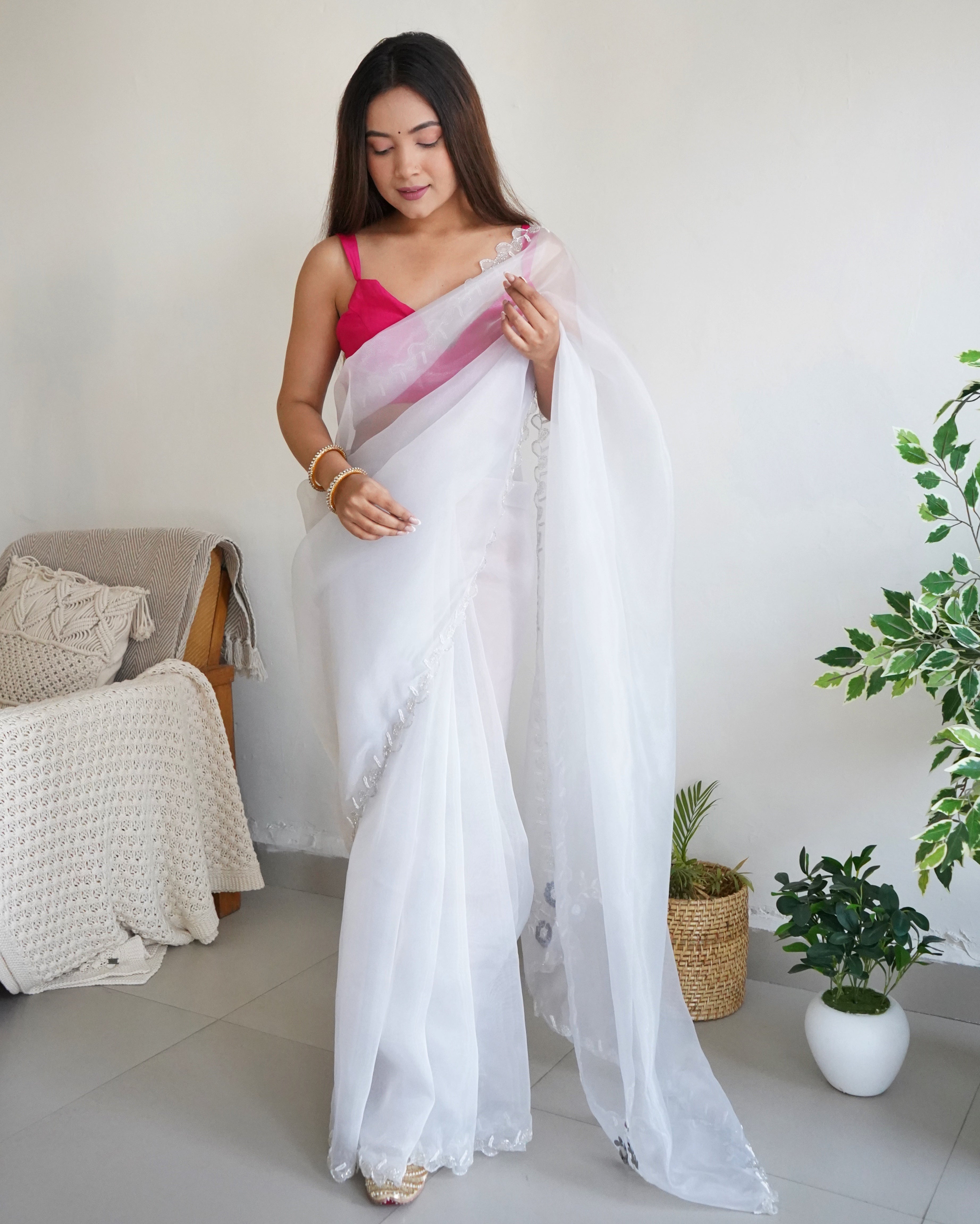 White Organza Saree With Chikankari Blouse