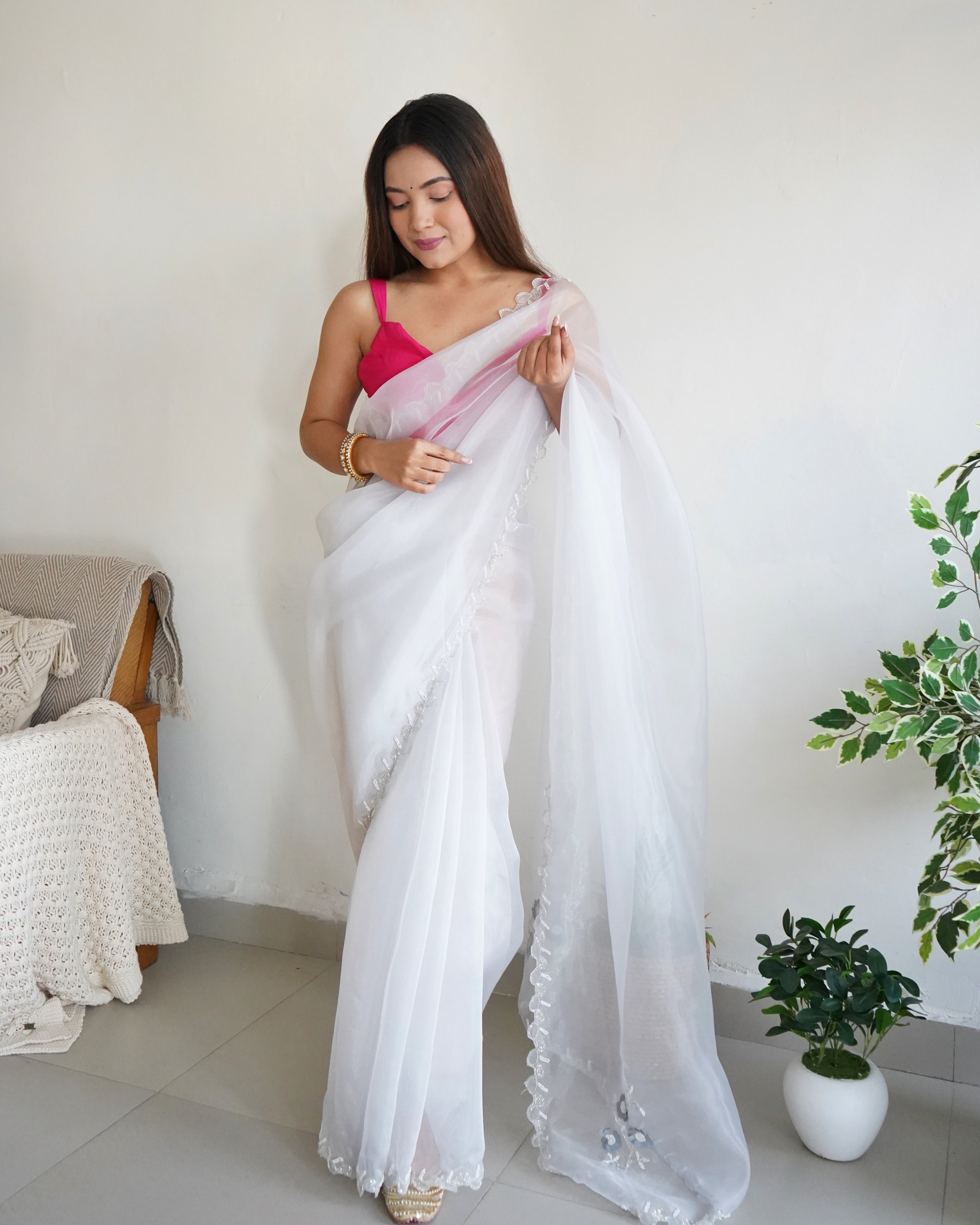 White Organza Saree With Chikankari Blouse