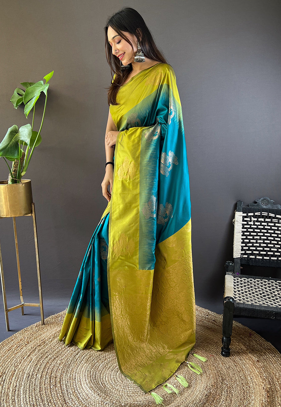 BLUE WITH GREEN SOFT SILK SAREE WITH ZARI WOVEN