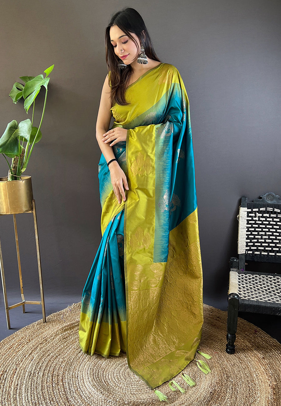 BLUE WITH GREEN SOFT SILK SAREE WITH ZARI WOVEN
