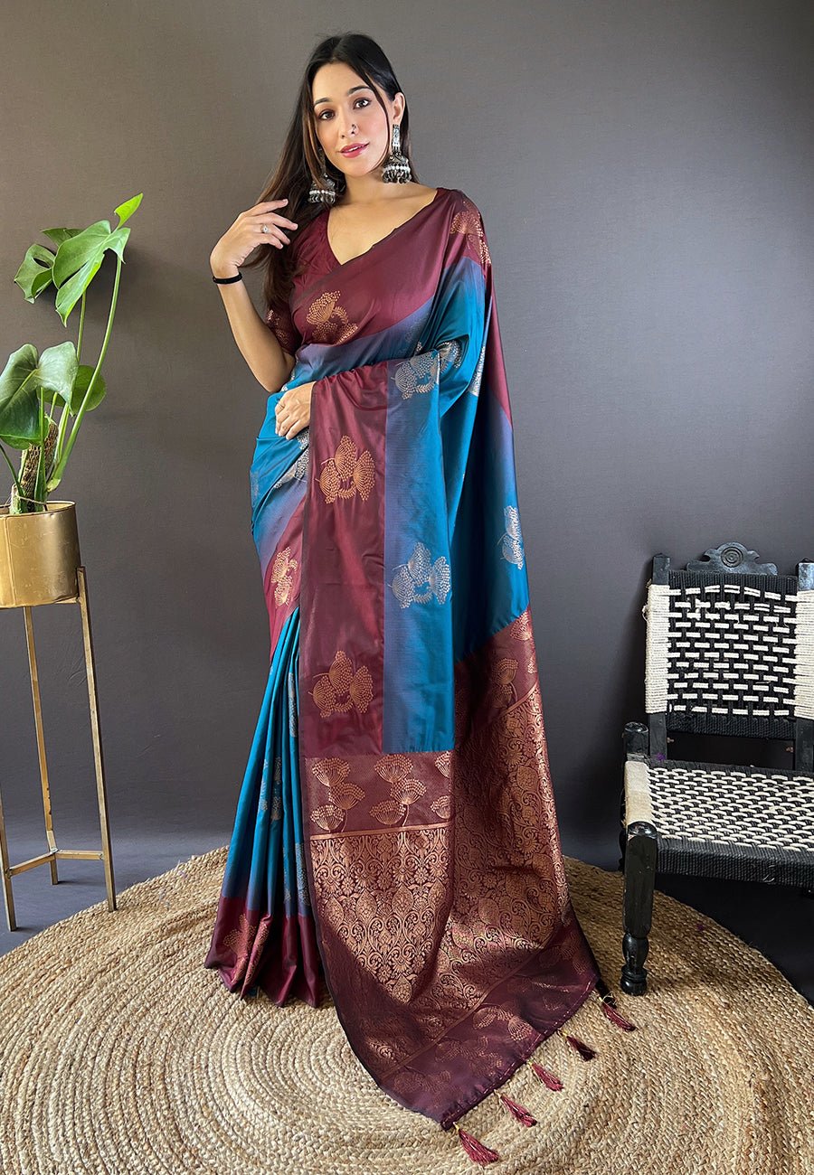 MAROON AND BLUE SOFT SILK SAREE WITH ZARI WOVEN