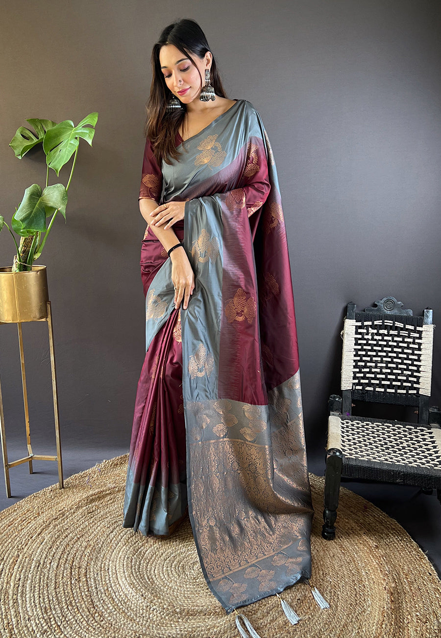 GREY AND MAROON SOFT SILK SAREE WITH ZARI WOVEN