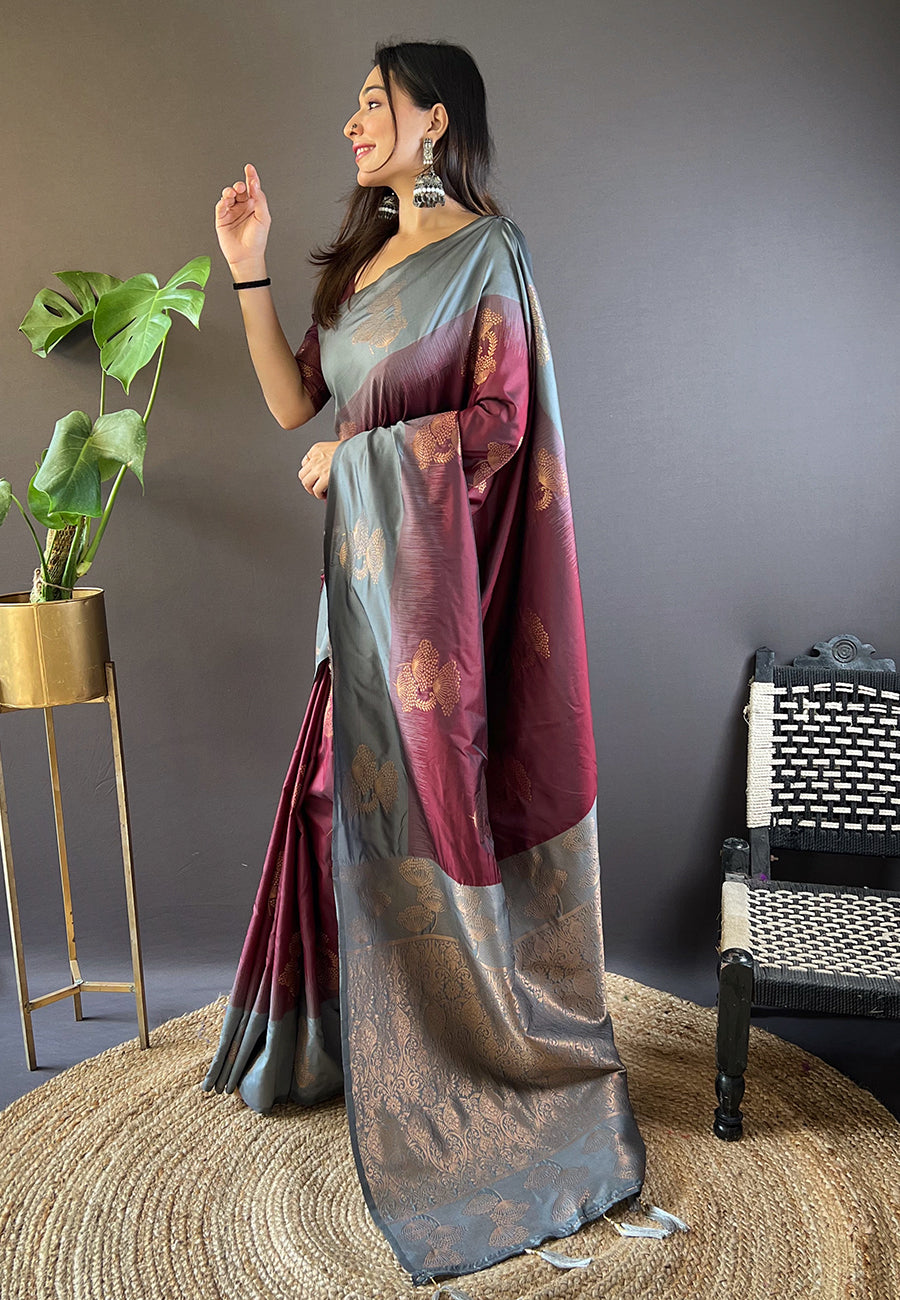 GREY AND MAROON SOFT SILK SAREE WITH ZARI WOVEN