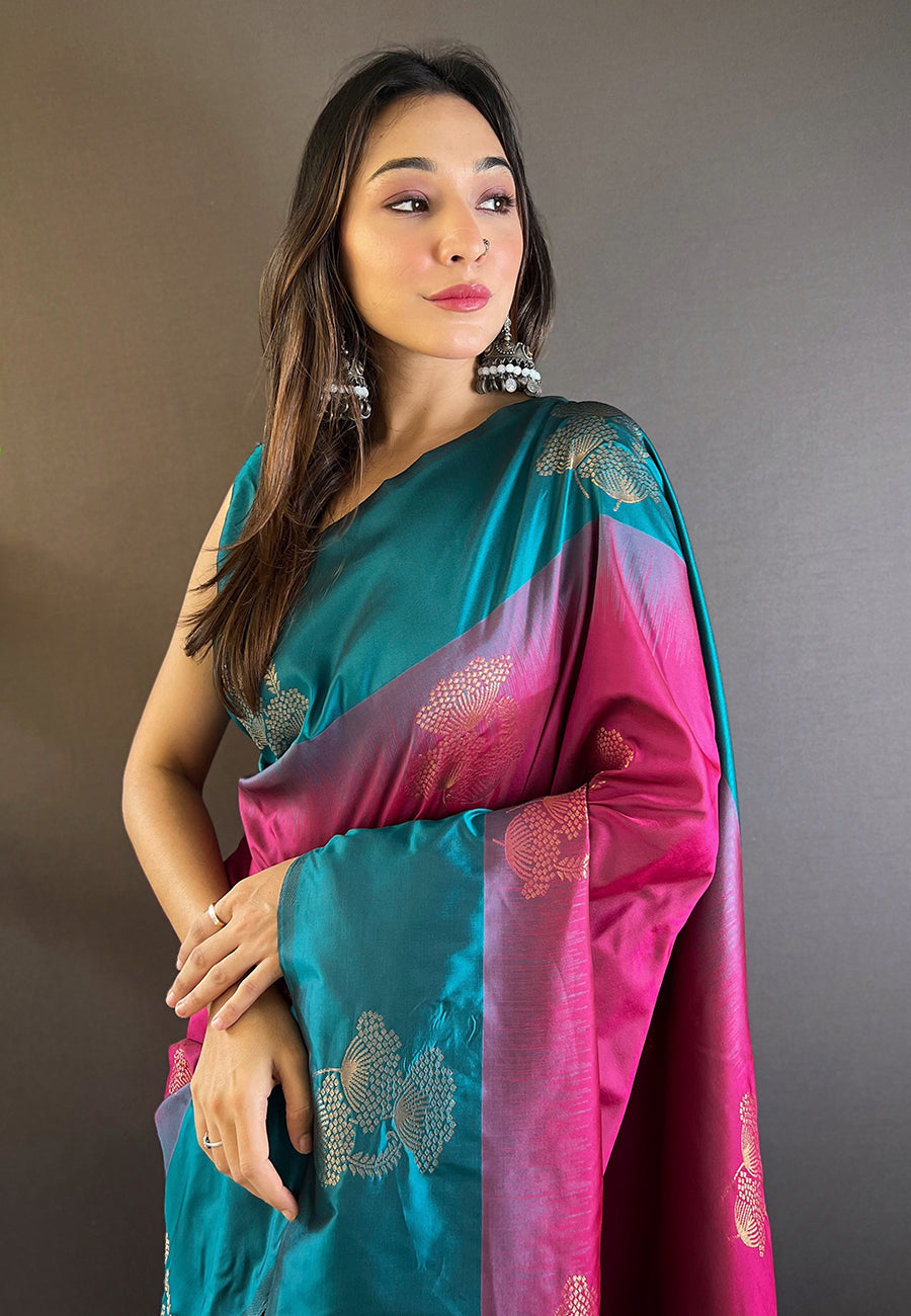 PINK AND BLUE SOFT SILK SAREE WITH ZARI WOVEN