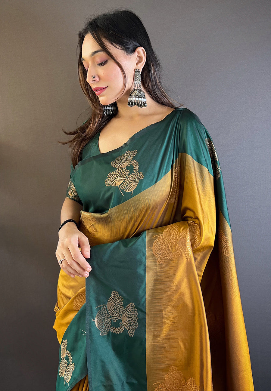 MEHANDI AND YELLOW SOFT SILK SAREE WITH ZARI WOVEN