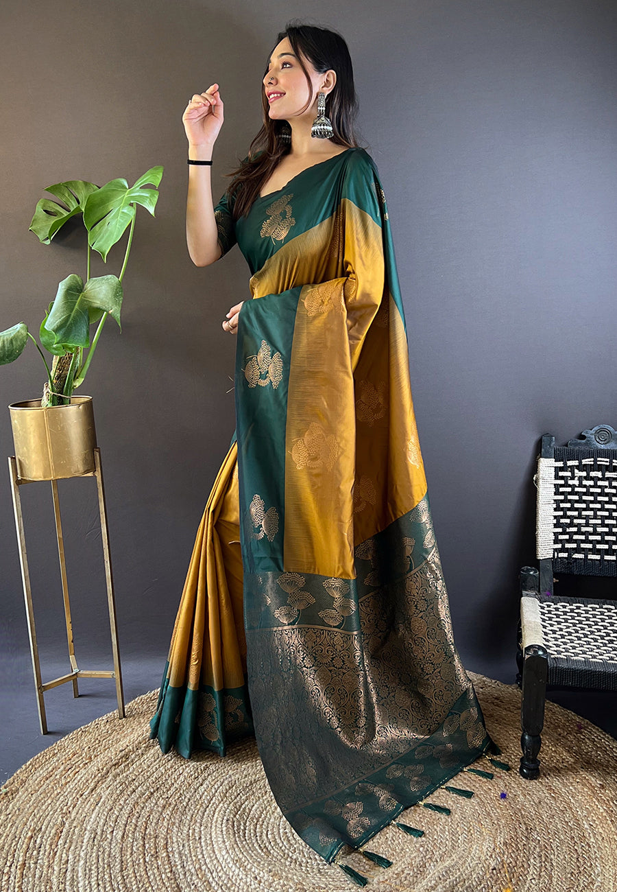 MEHANDI AND YELLOW SOFT SILK SAREE WITH ZARI WOVEN