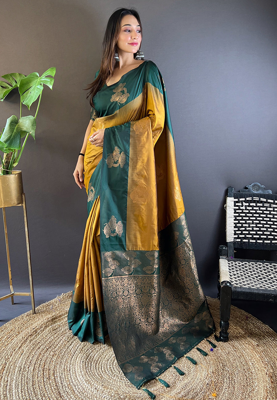 MEHANDI AND YELLOW SOFT SILK SAREE WITH ZARI WOVEN