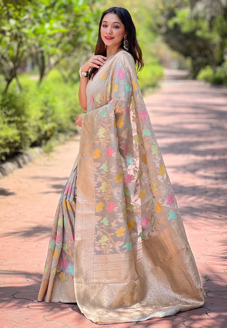 Charcoal Grey Organza Saree