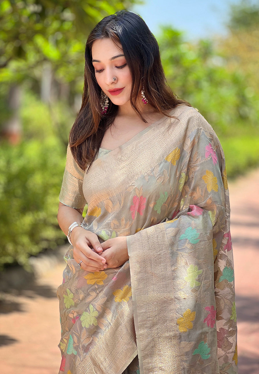 Charcoal Grey Organza Saree