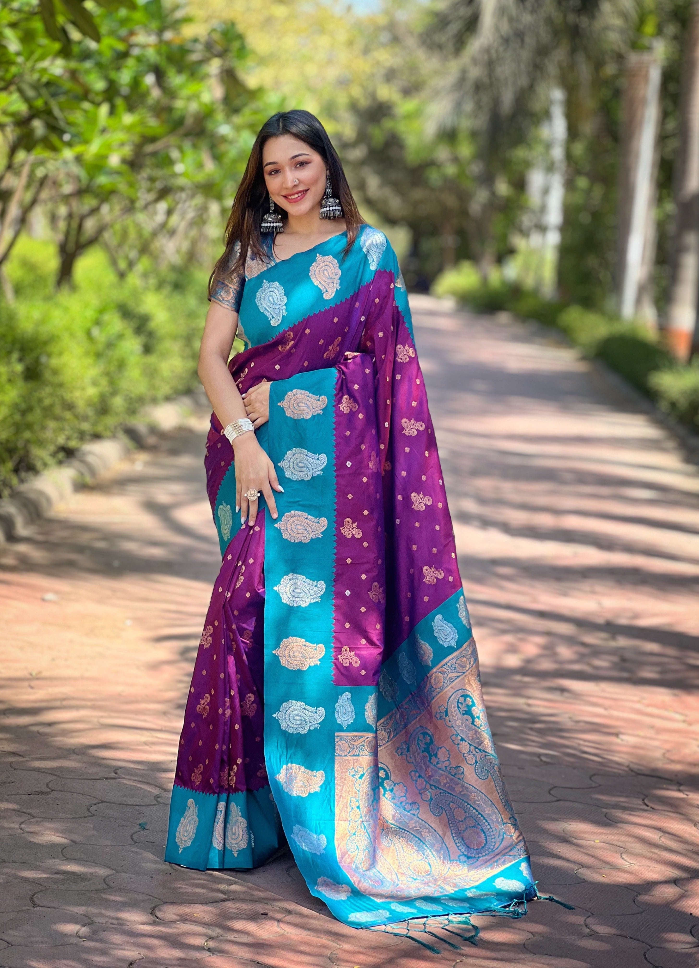 Violet Blue Soft Silk Banarasi Saree