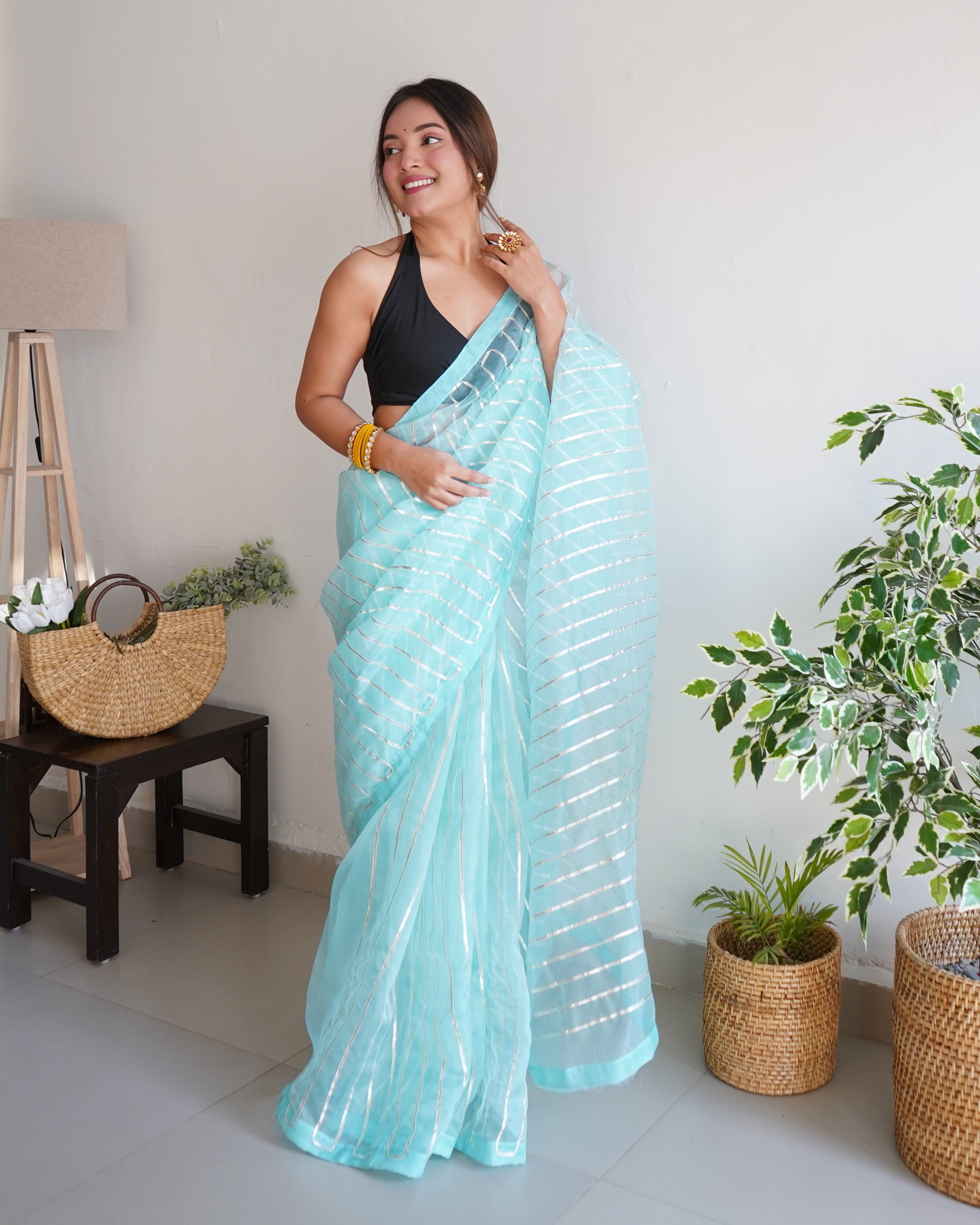 Sky Organza Silk Saree With Sattin Benglori Blouse
