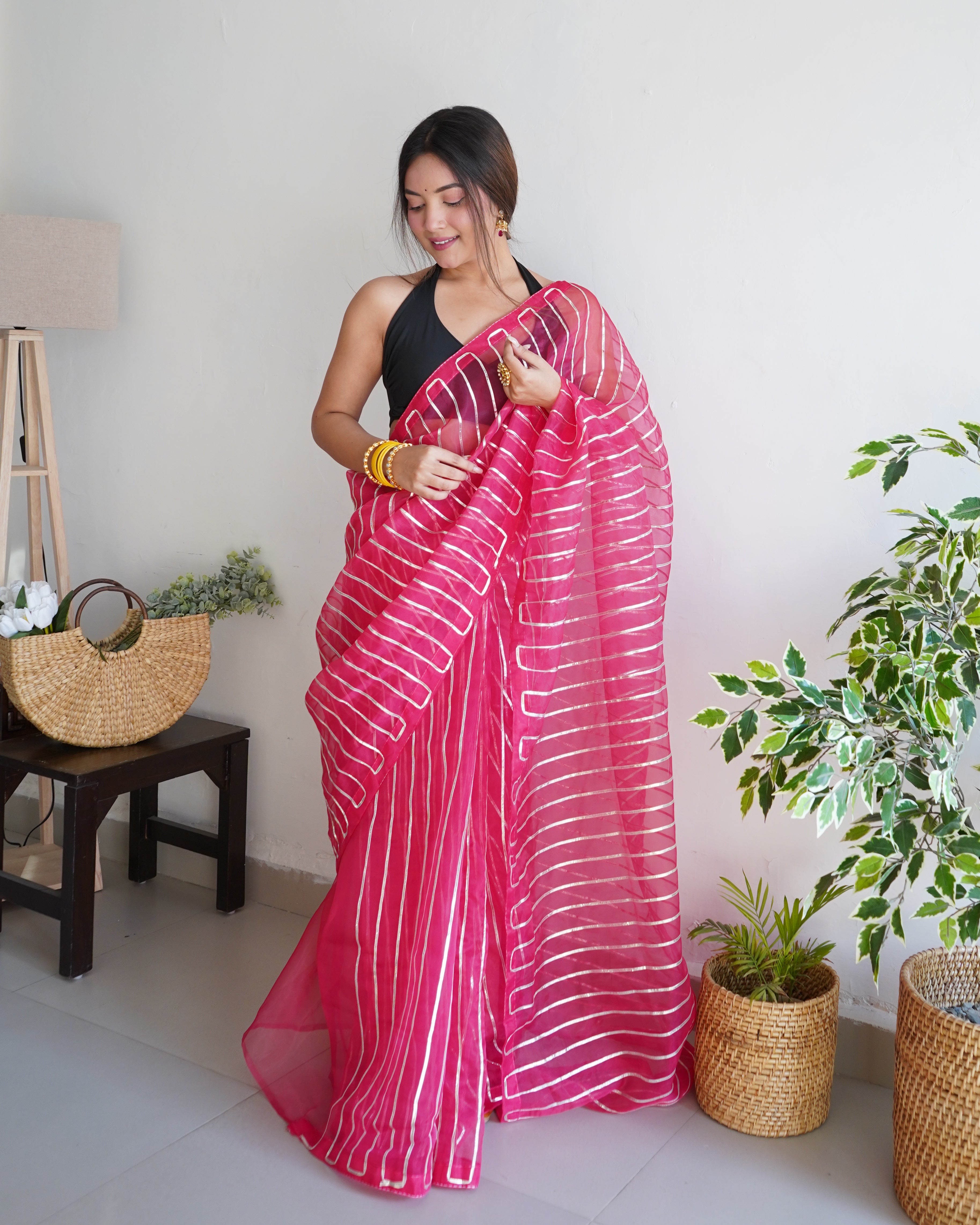 Pink Organza Silk Saree With Sattin Benglori Blouse