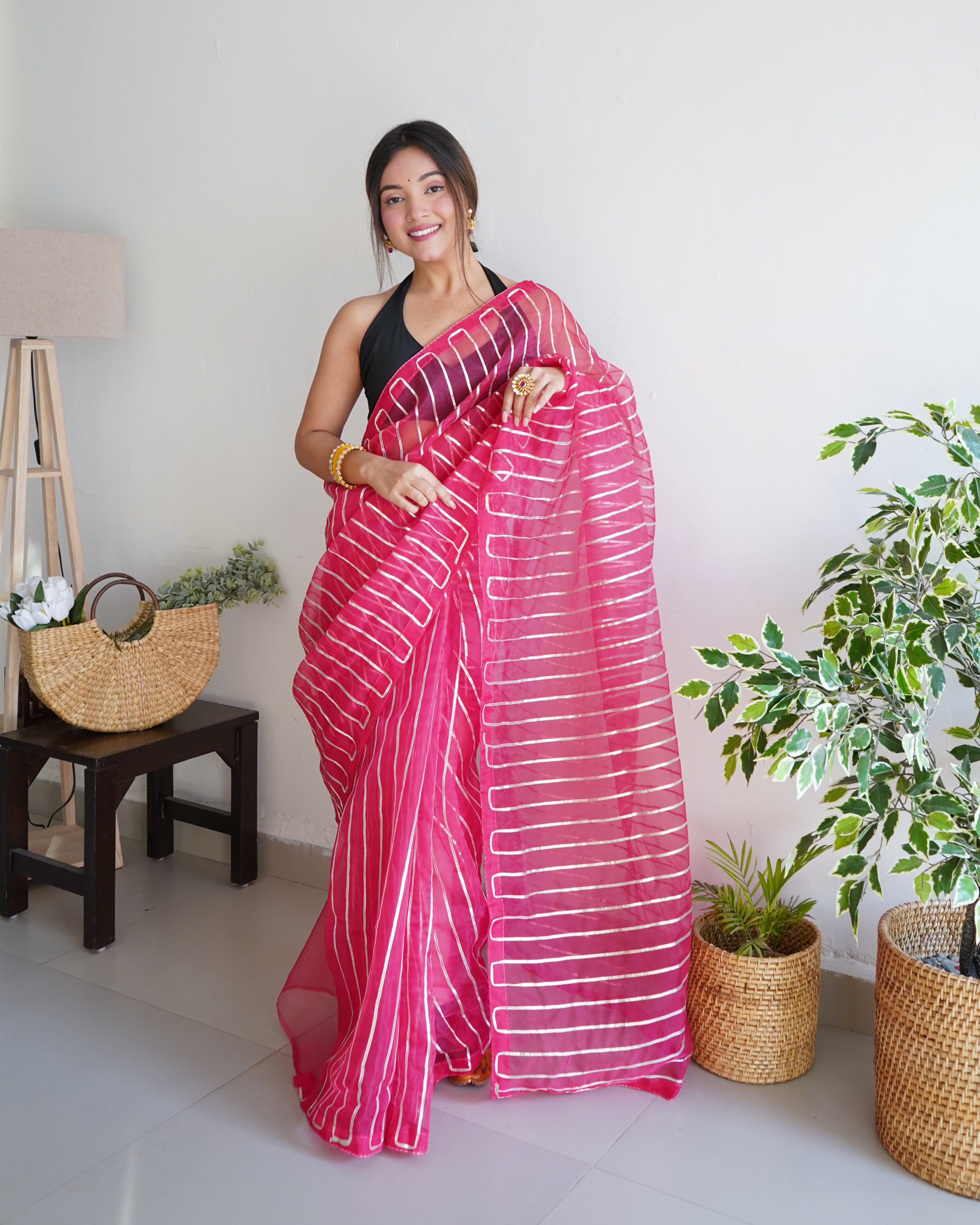 Pink Organza Silk Saree With Sattin Benglori Blouse