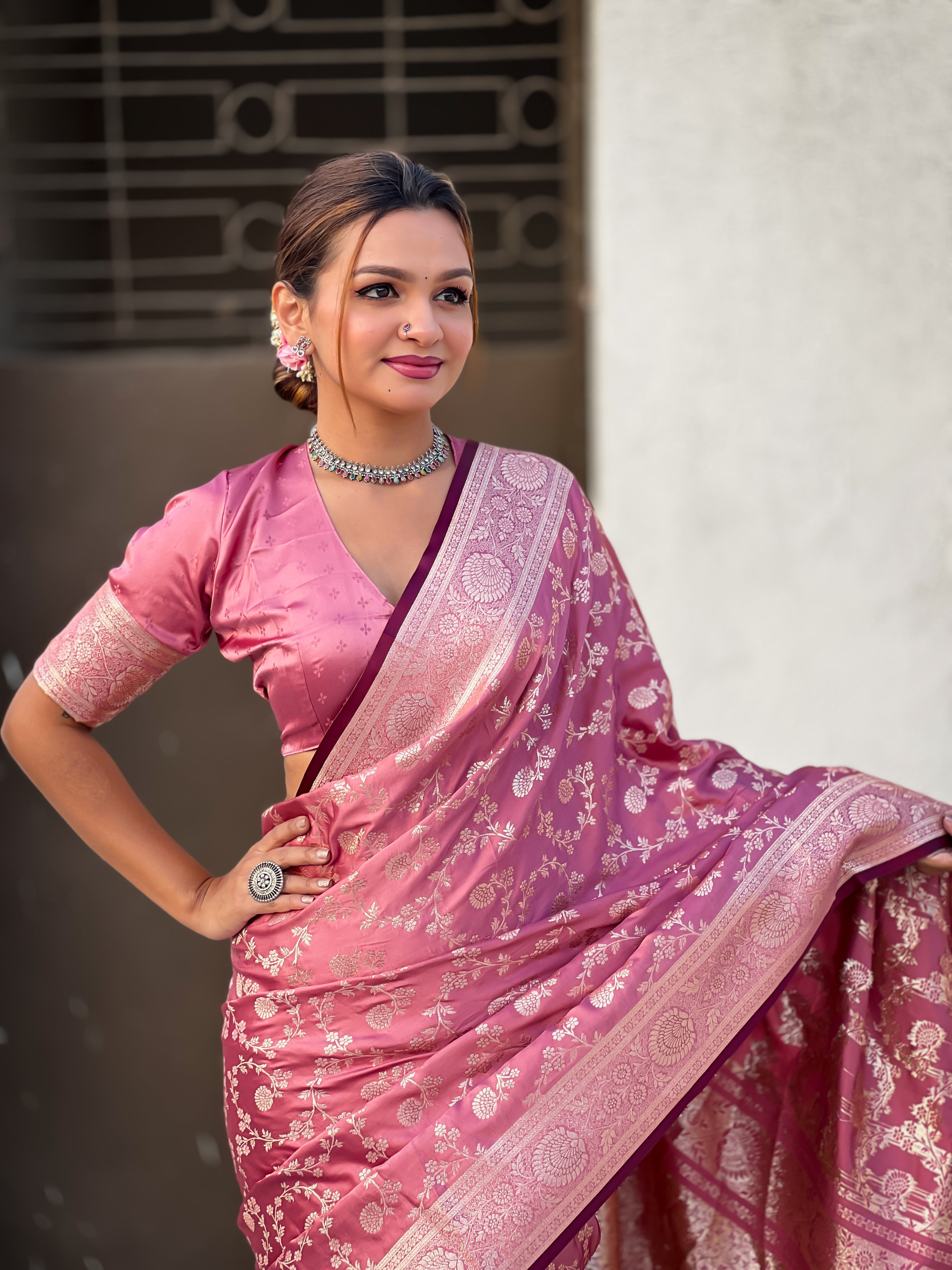 PINK BANARASI SILK BLEND SAREE