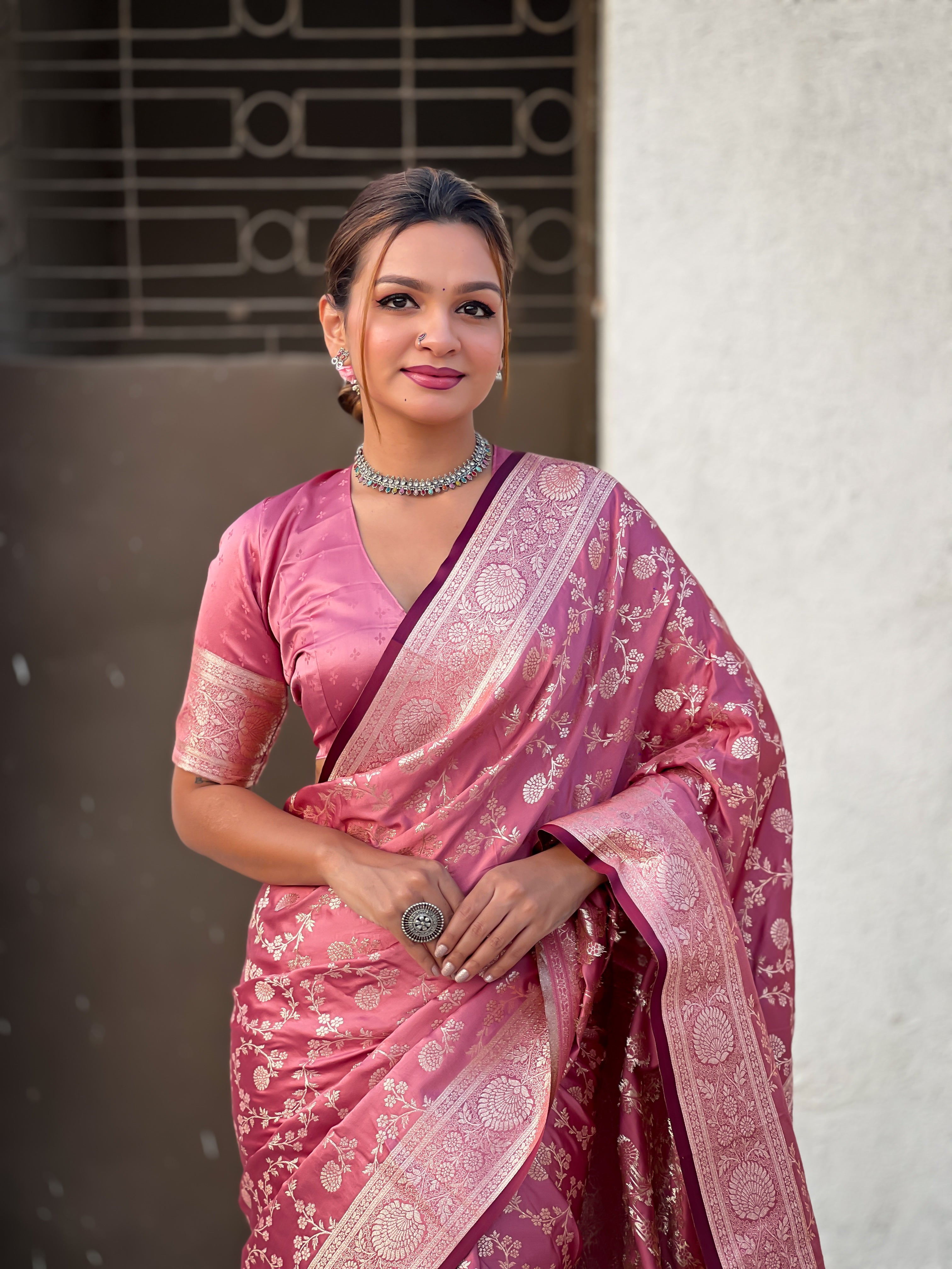 PINK BANARASI SILK BLEND SAREE