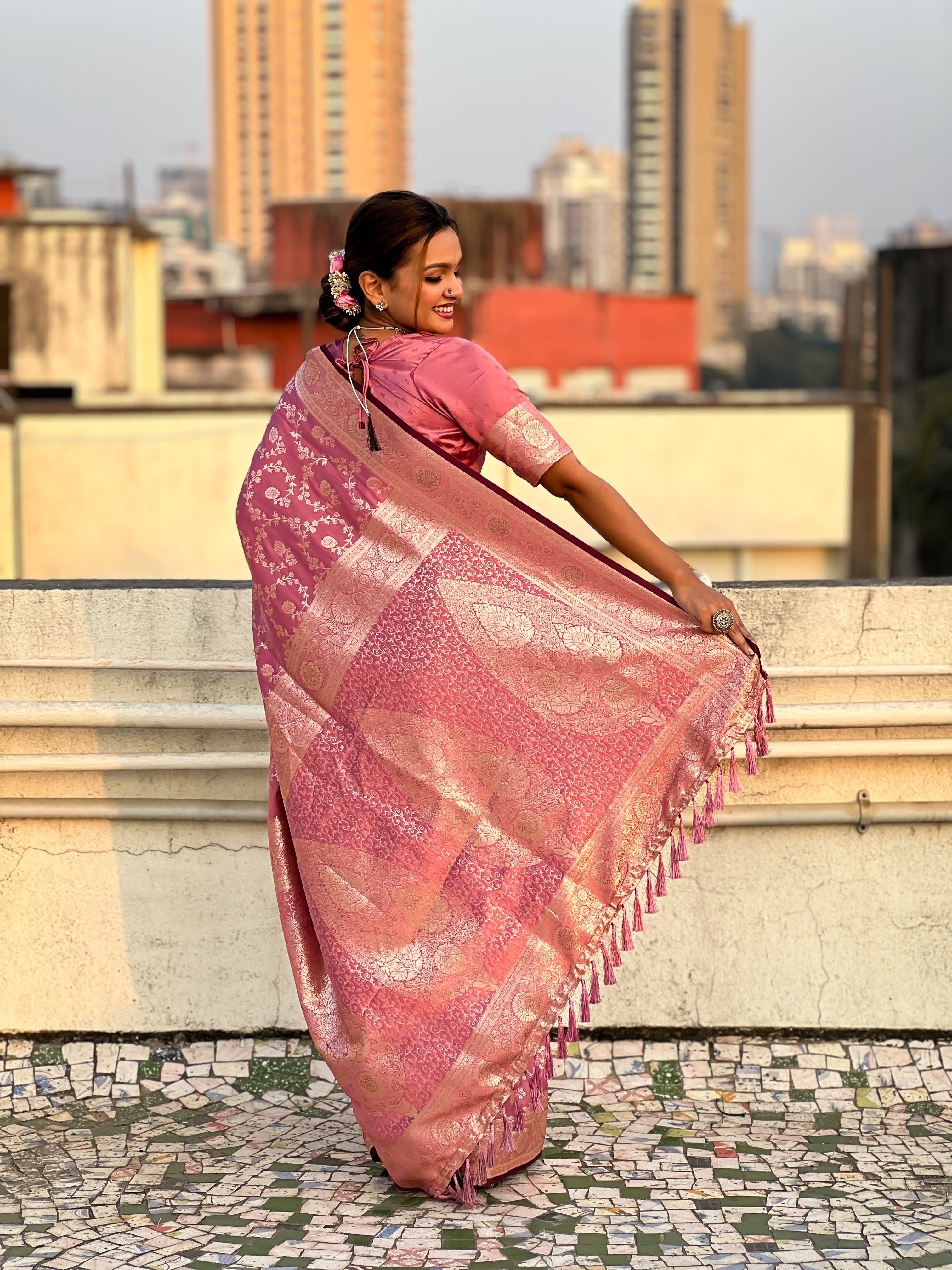 PINK BANARASI SILK BLEND SAREE
