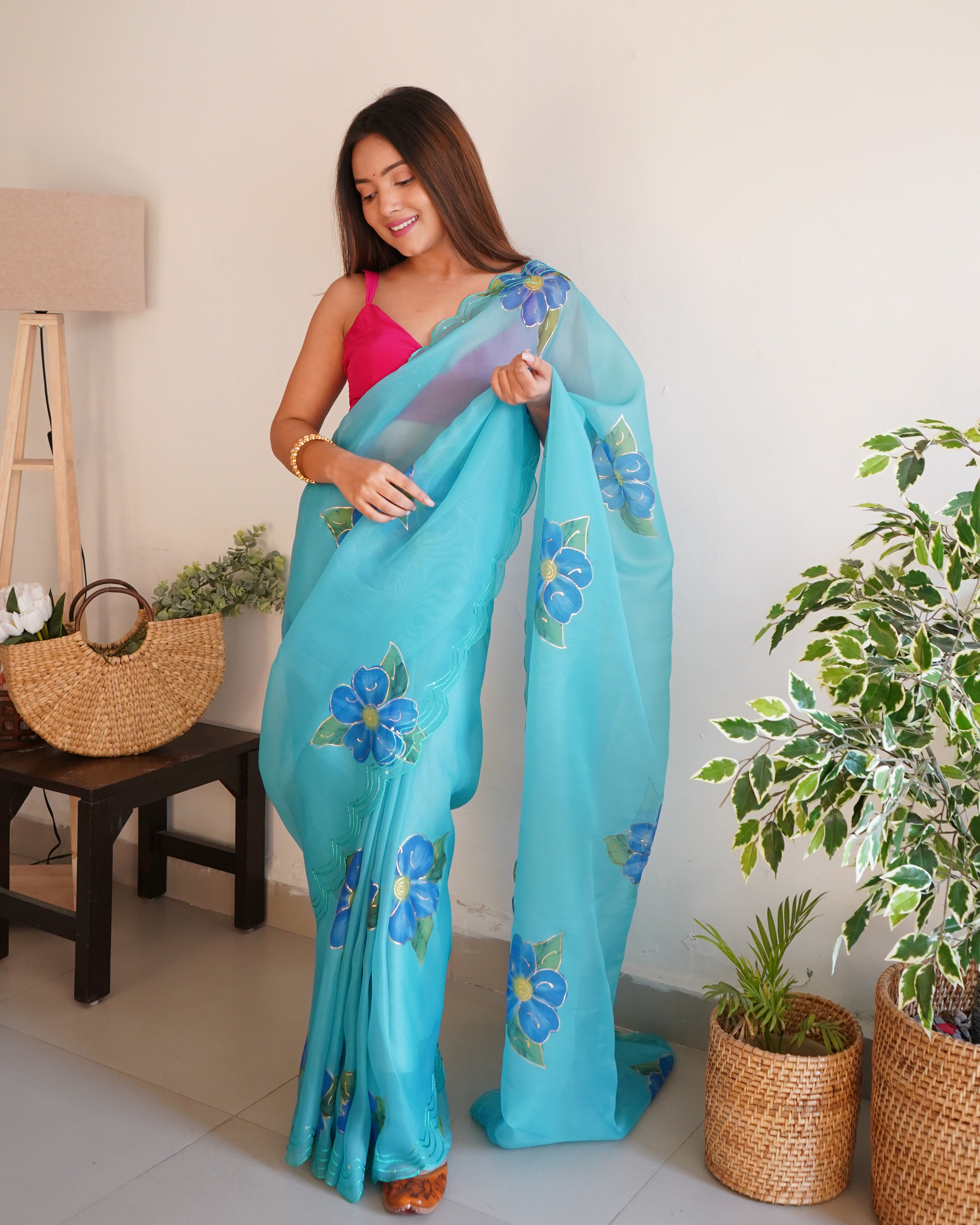 Sky Organza Saree With sattin benglori Blouse