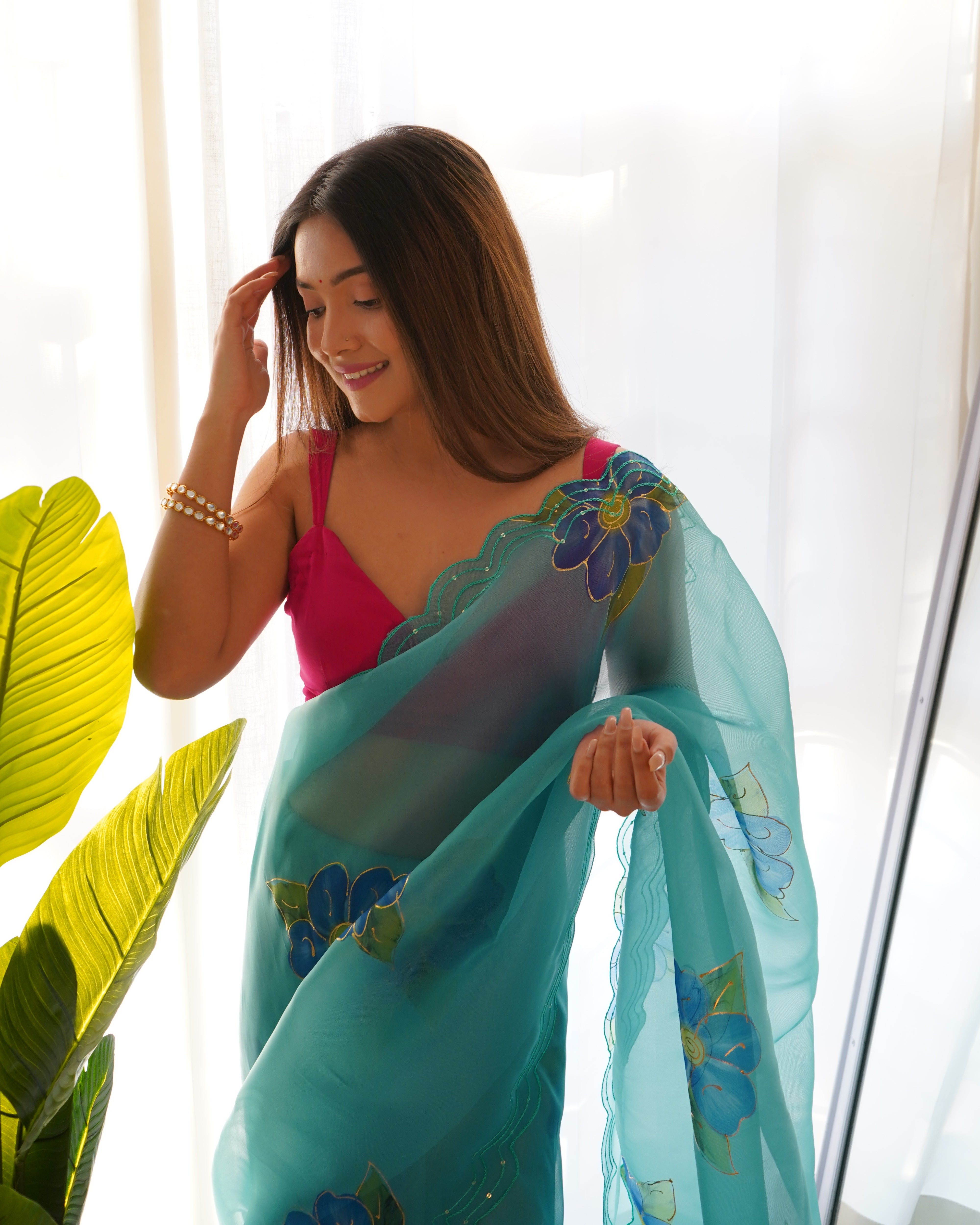 Sky Organza Saree With sattin benglori Blouse