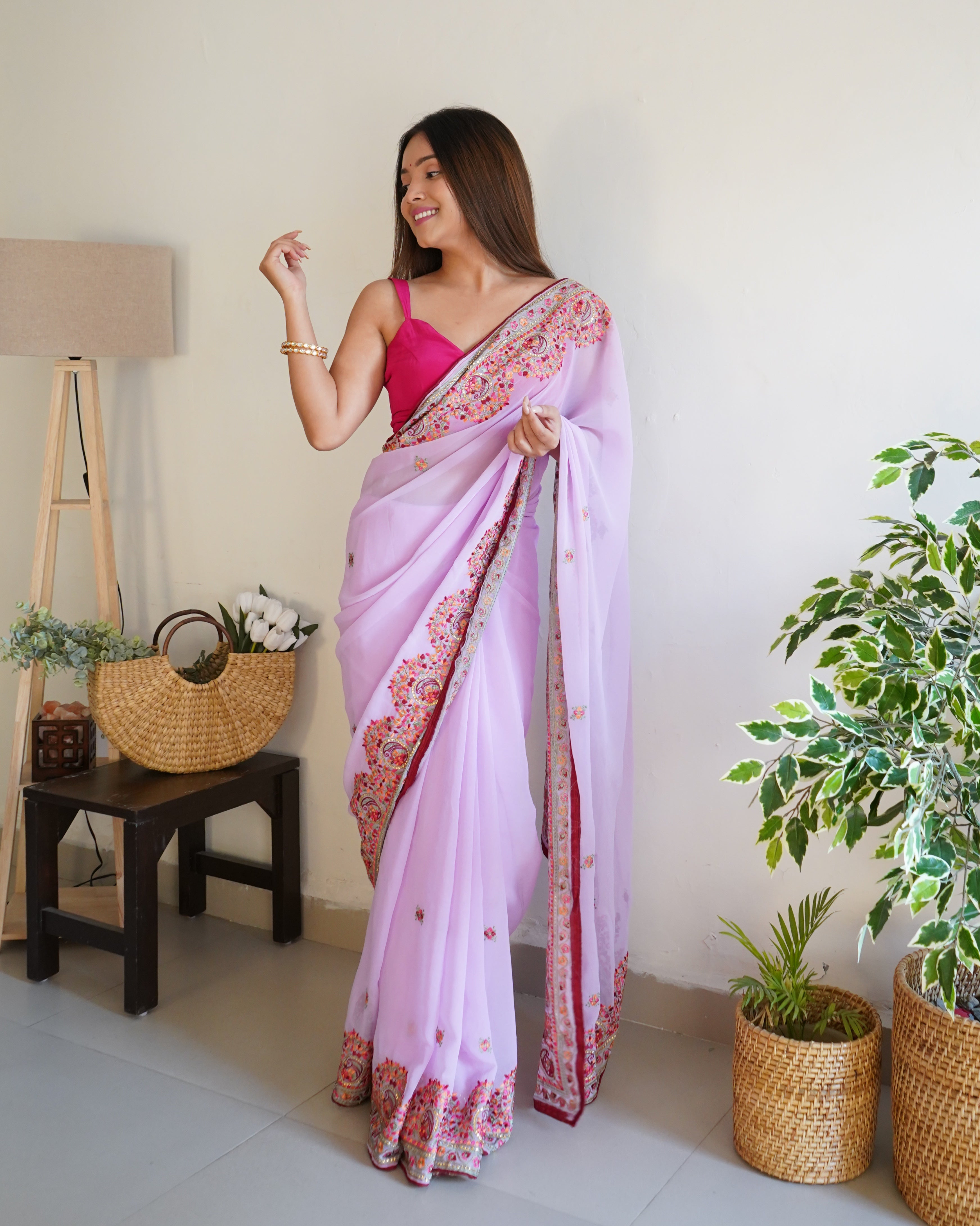 Pink Georgette Saree With Satin Benglori Blouse