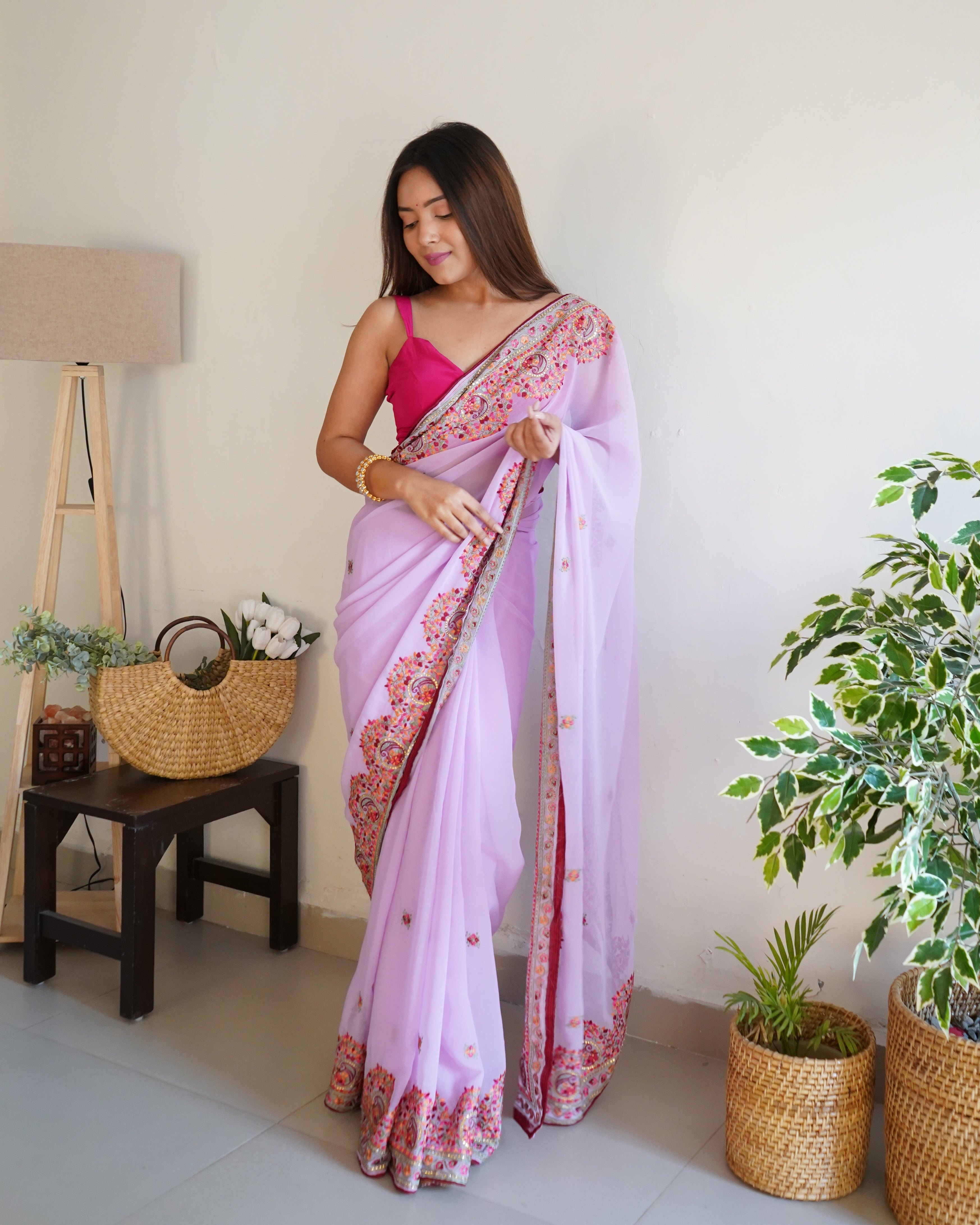 Pink Georgette Saree With Satin Benglori Blouse