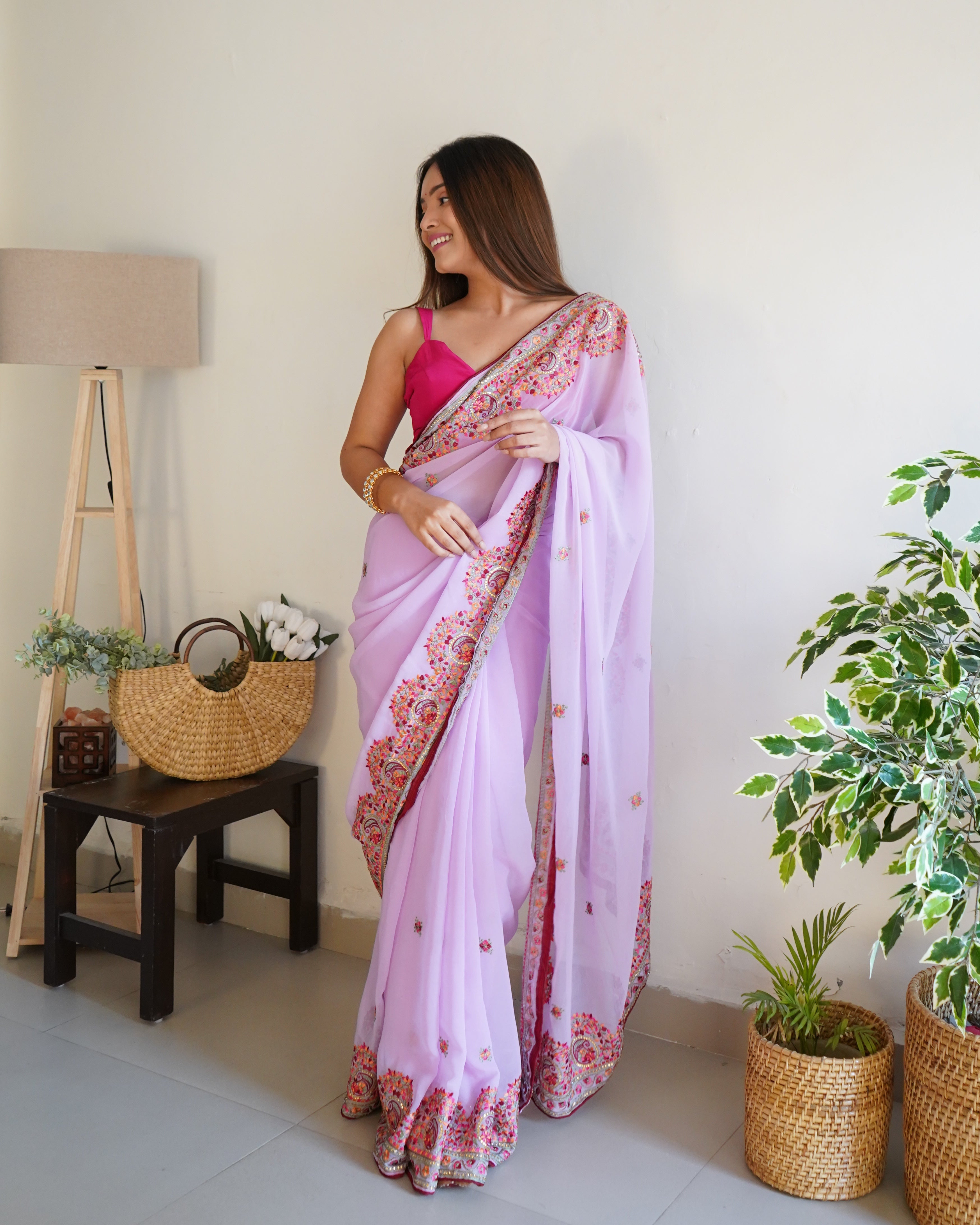 Pink Georgette Saree With Satin Benglori Blouse