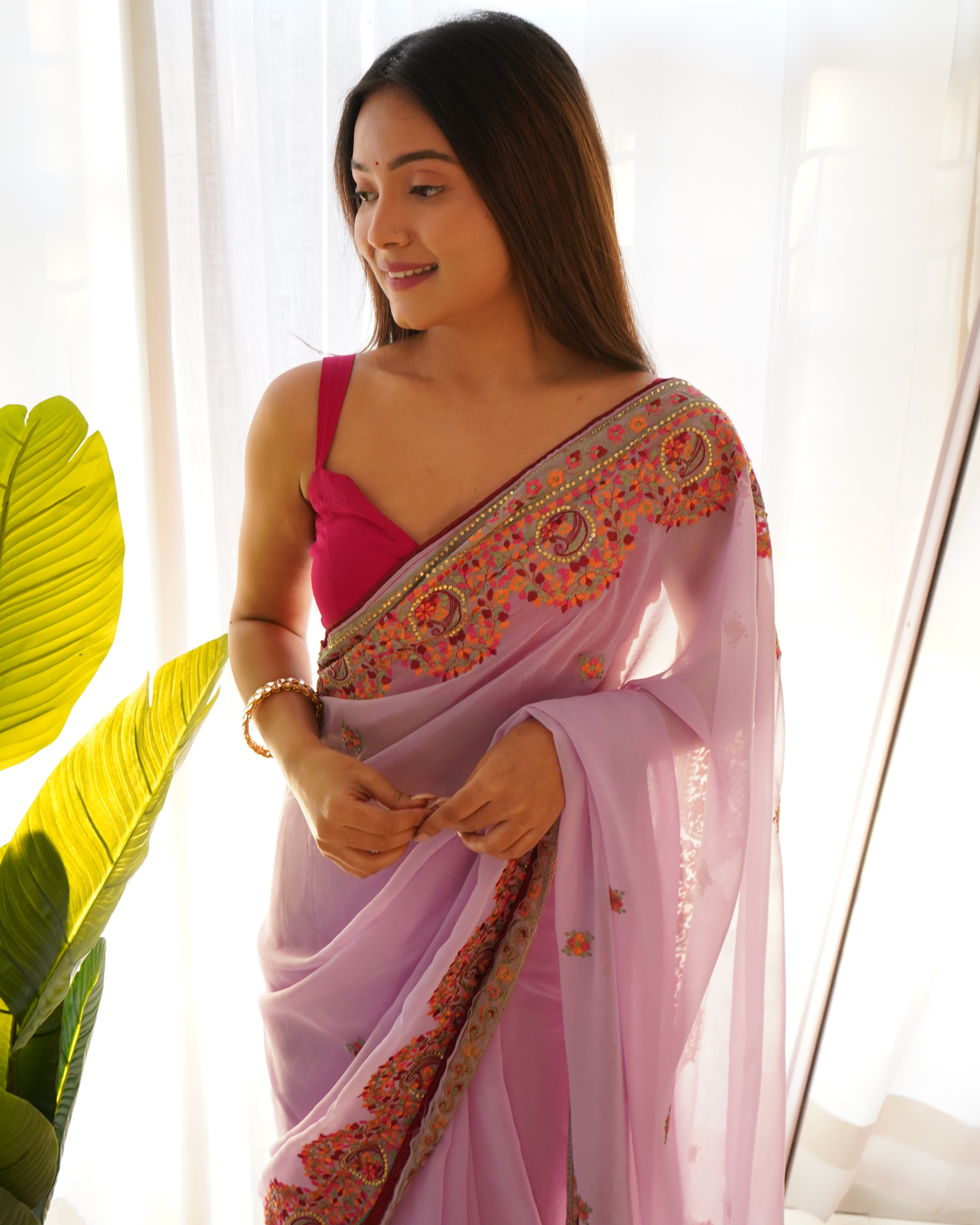 Pink Georgette Saree With Satin Benglori Blouse