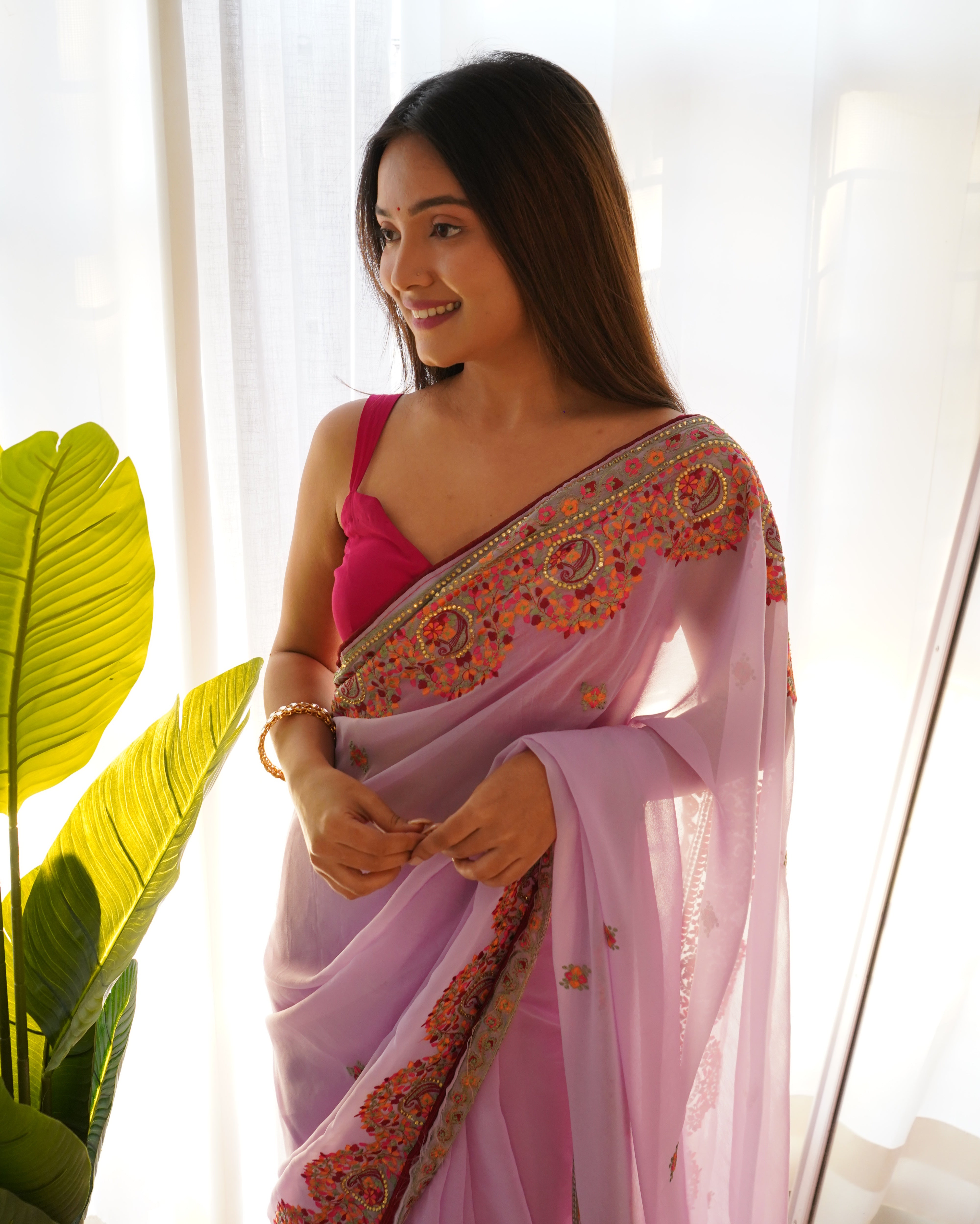 Pink Georgette Saree With Satin Benglori Blouse