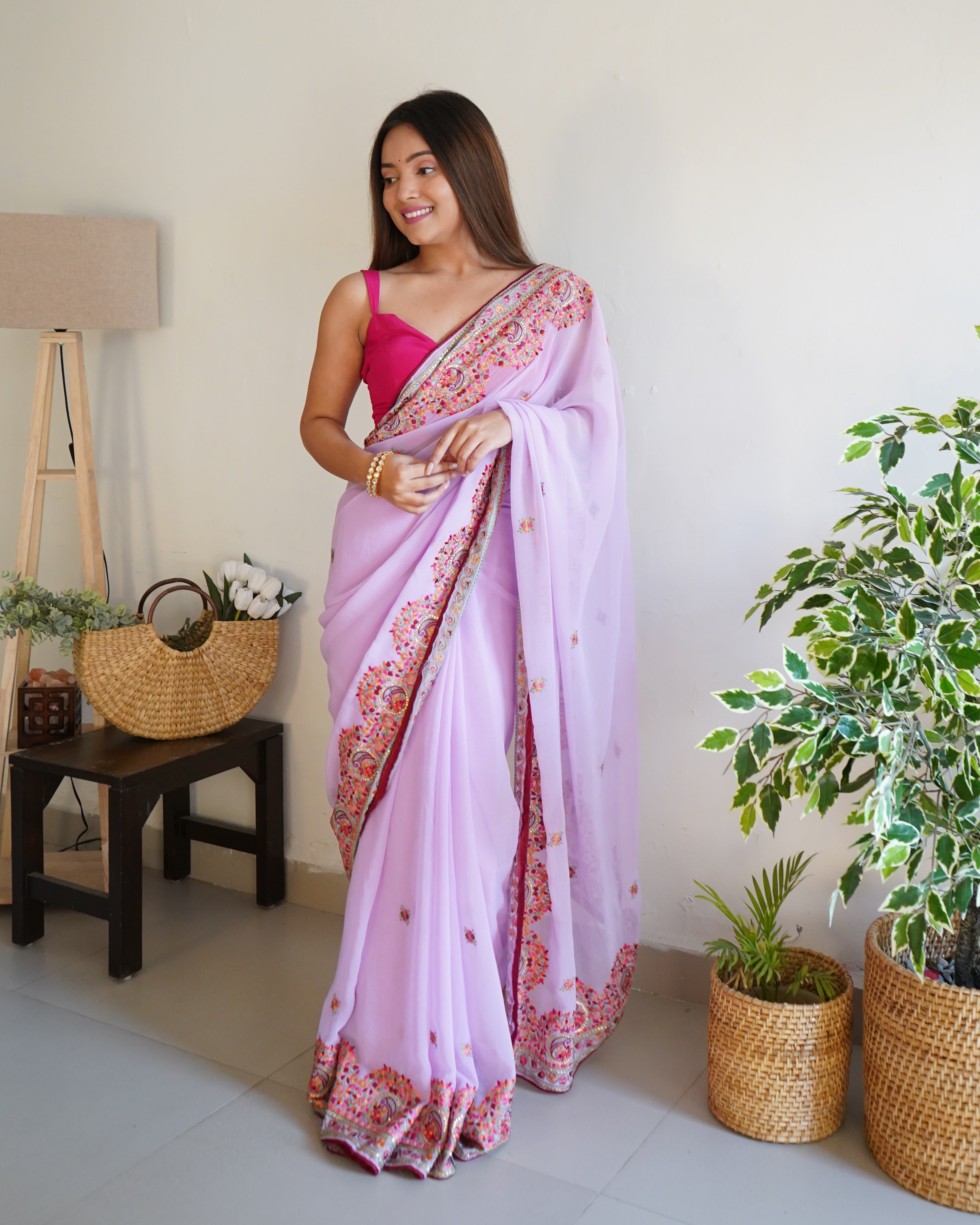 Pink Georgette Saree With Satin Benglori Blouse