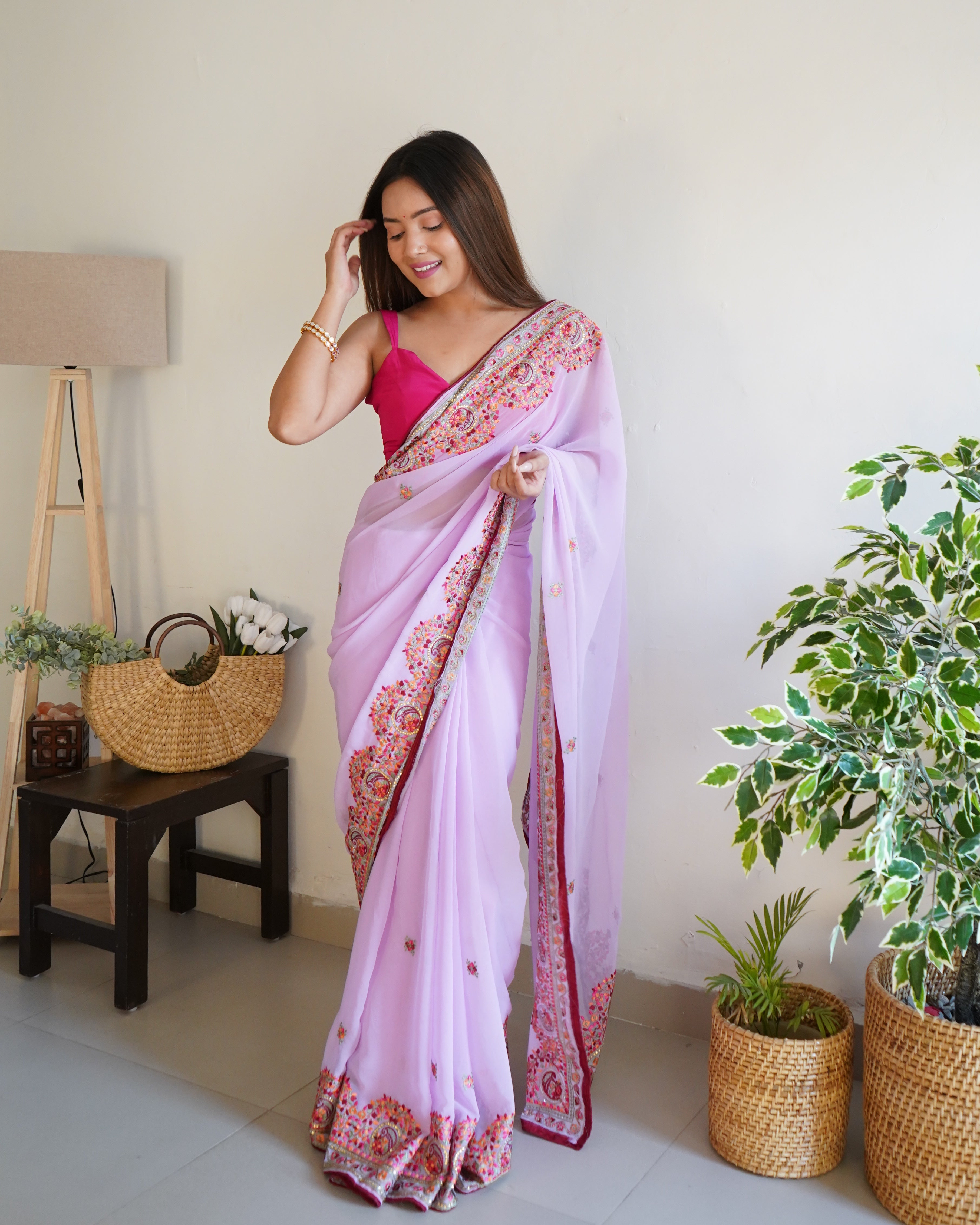 Pink Georgette Saree With Satin Benglori Blouse