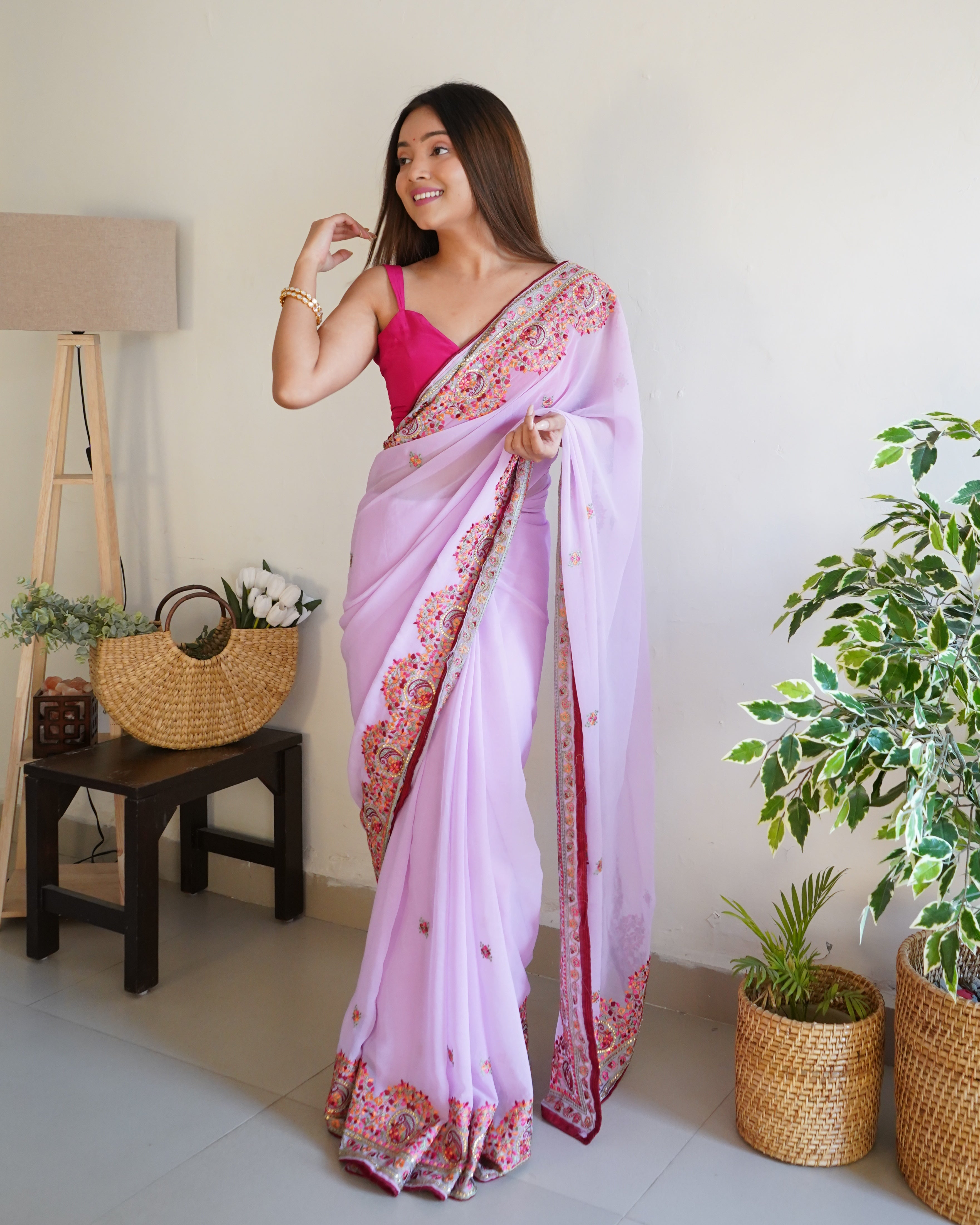 Pink Georgette Saree With Satin Benglori Blouse