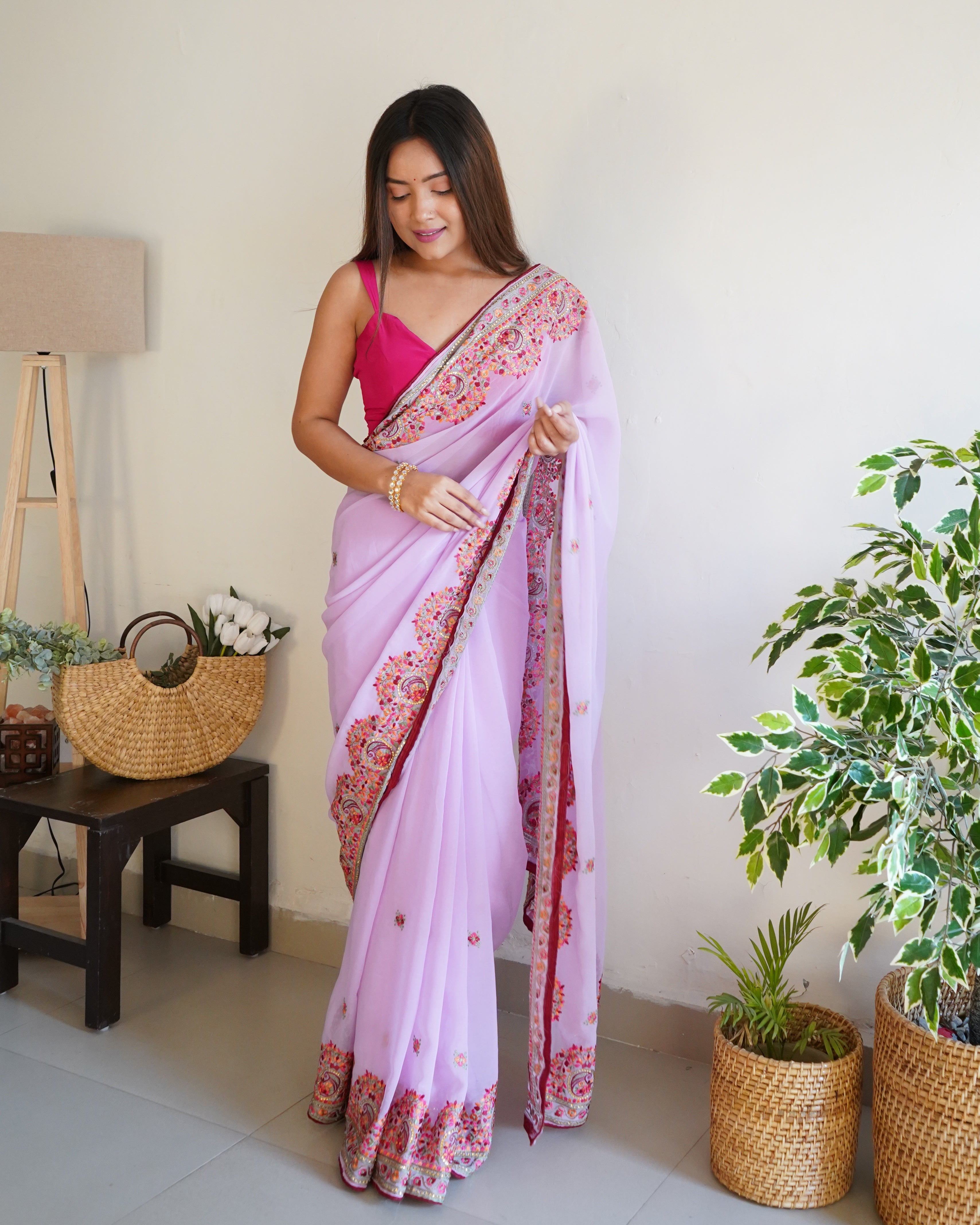 Pink Georgette Saree With Satin Benglori Blouse