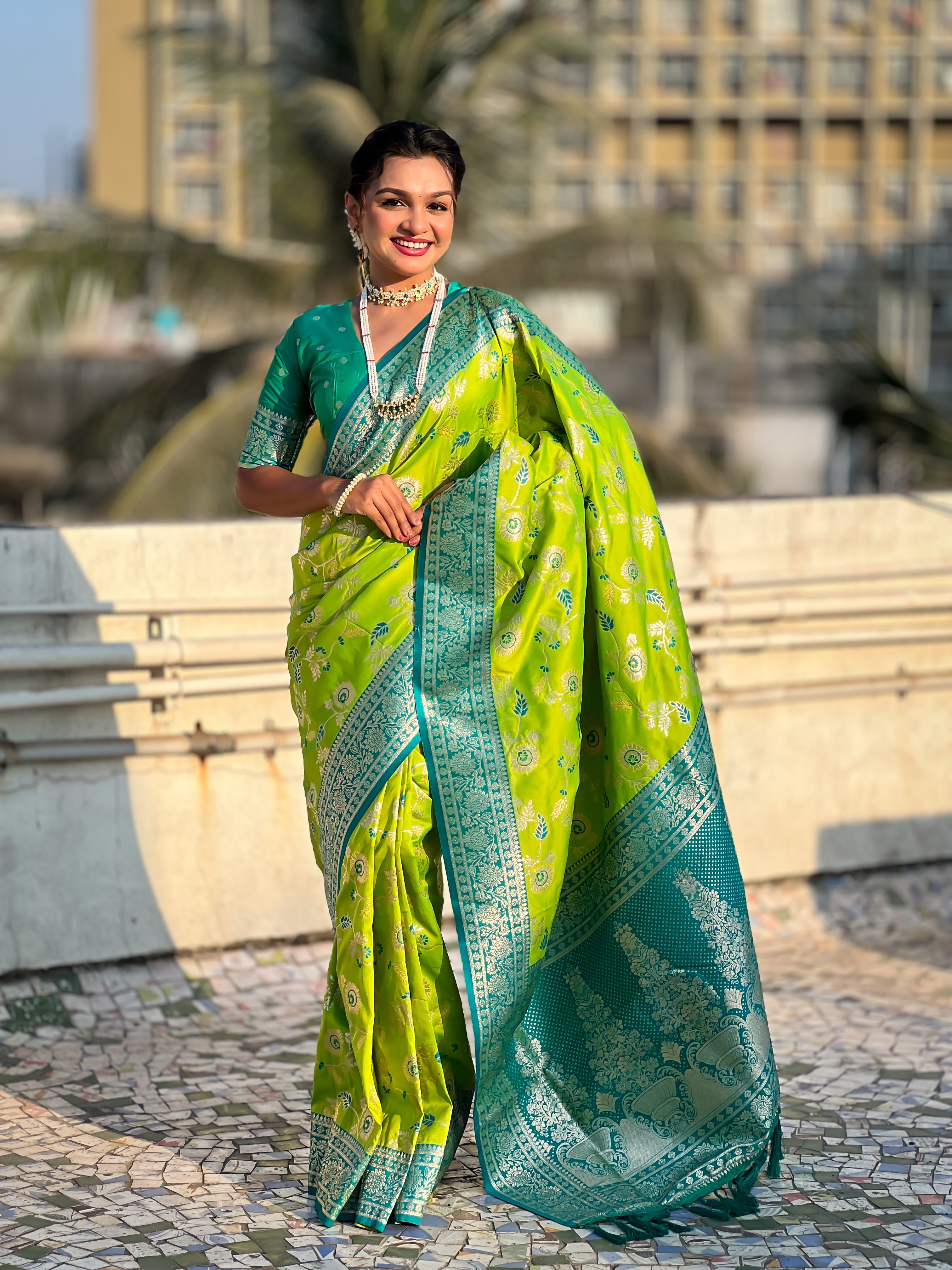 PARROT GREEN BANARASI SILK SAREE