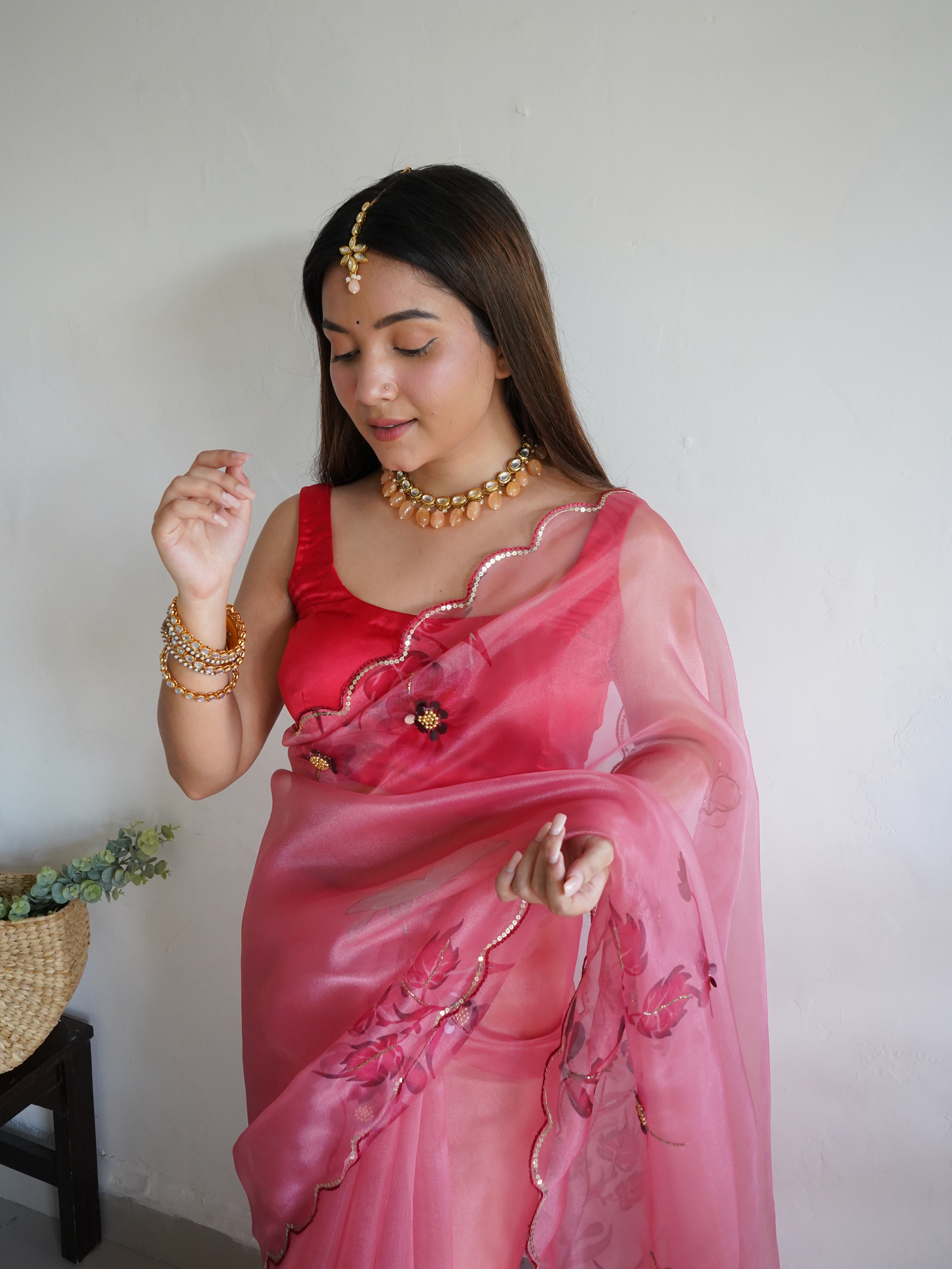 Peach Organza Saree With Banglori sattin Blouse