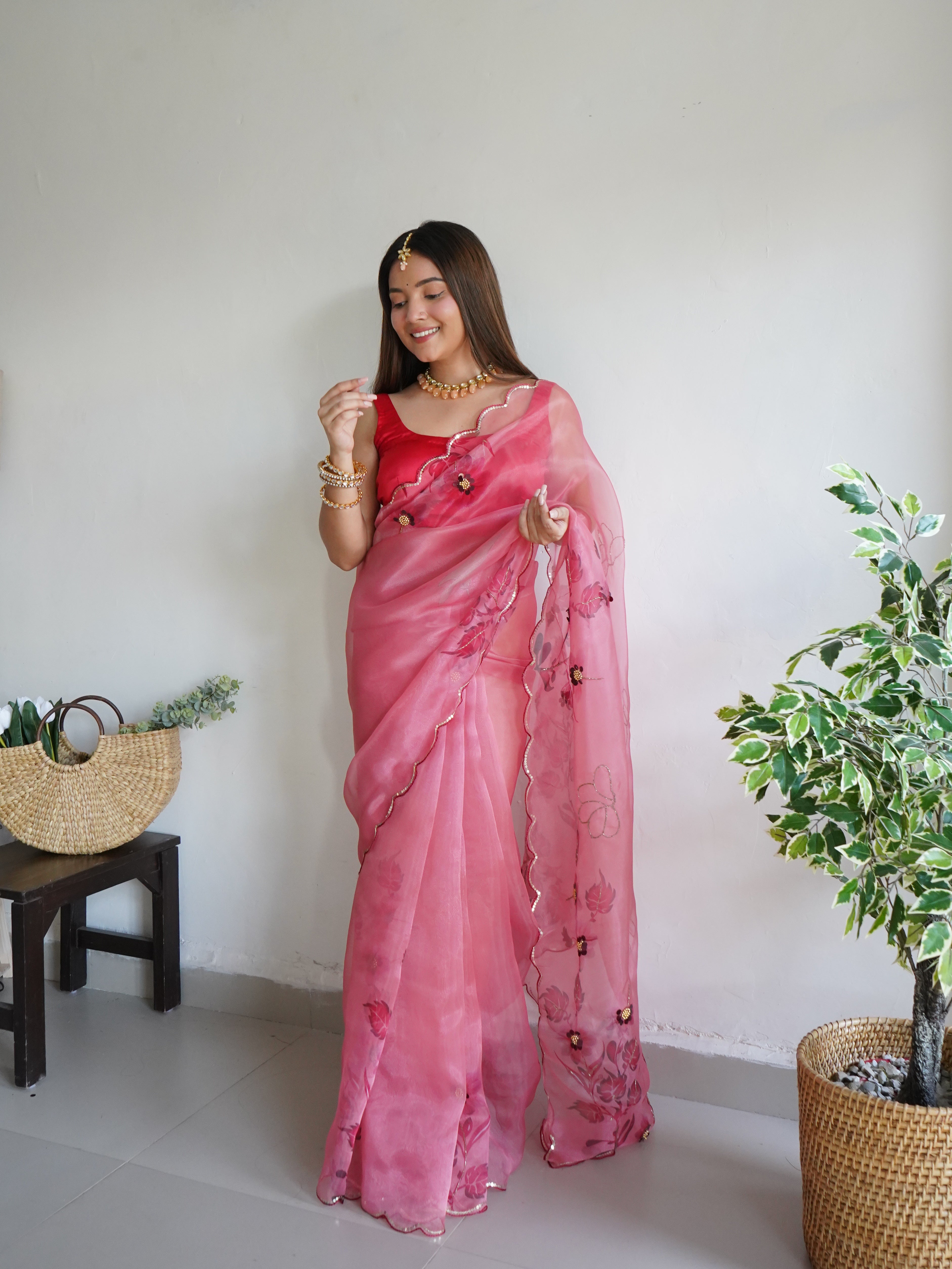 Peach Organza Saree With Banglori sattin Blouse