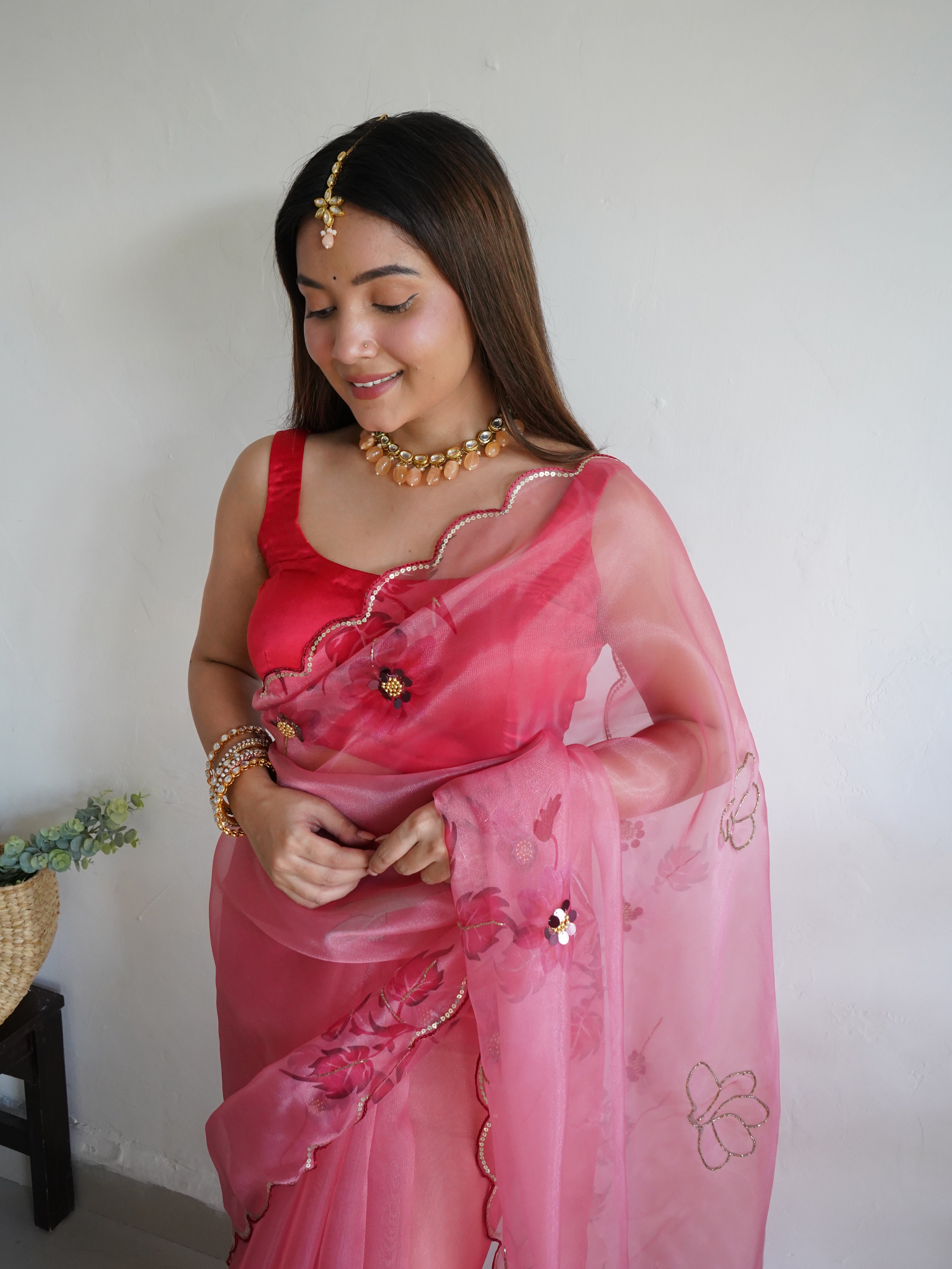 Peach Organza Saree With Banglori sattin Blouse