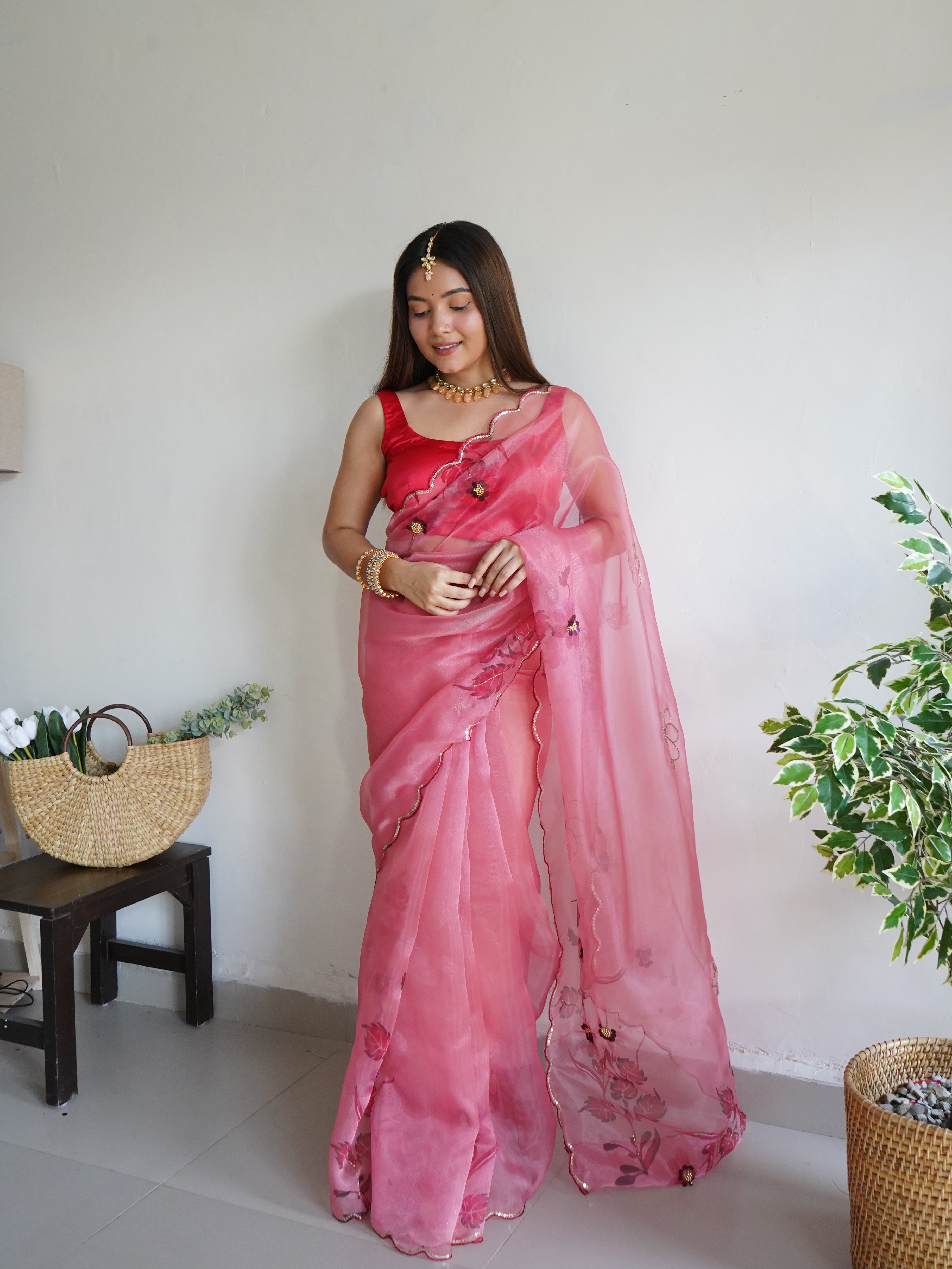 Peach Organza Saree With Banglori sattin Blouse