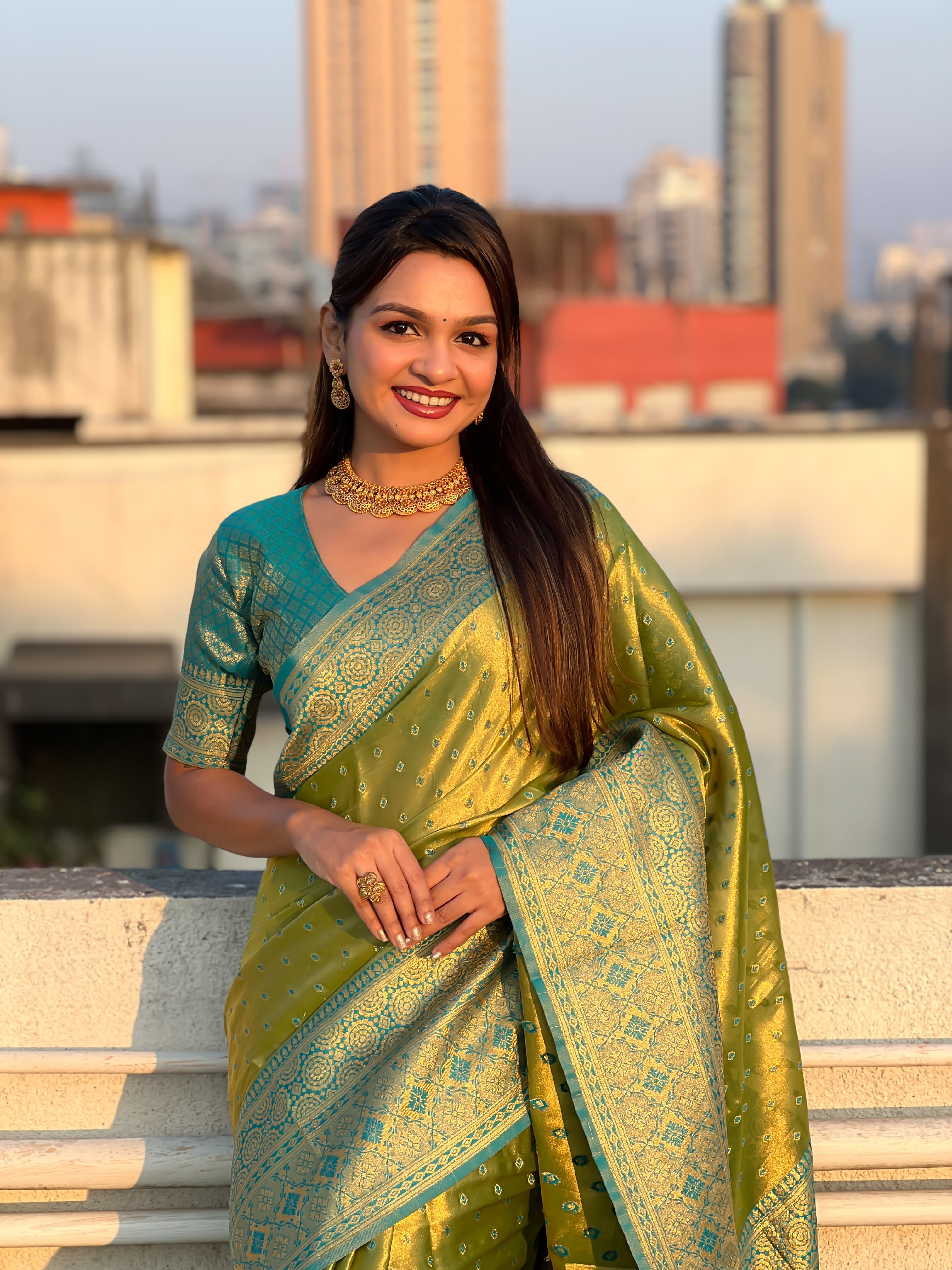 GREEN BANARASI SILK BLEND SAREE