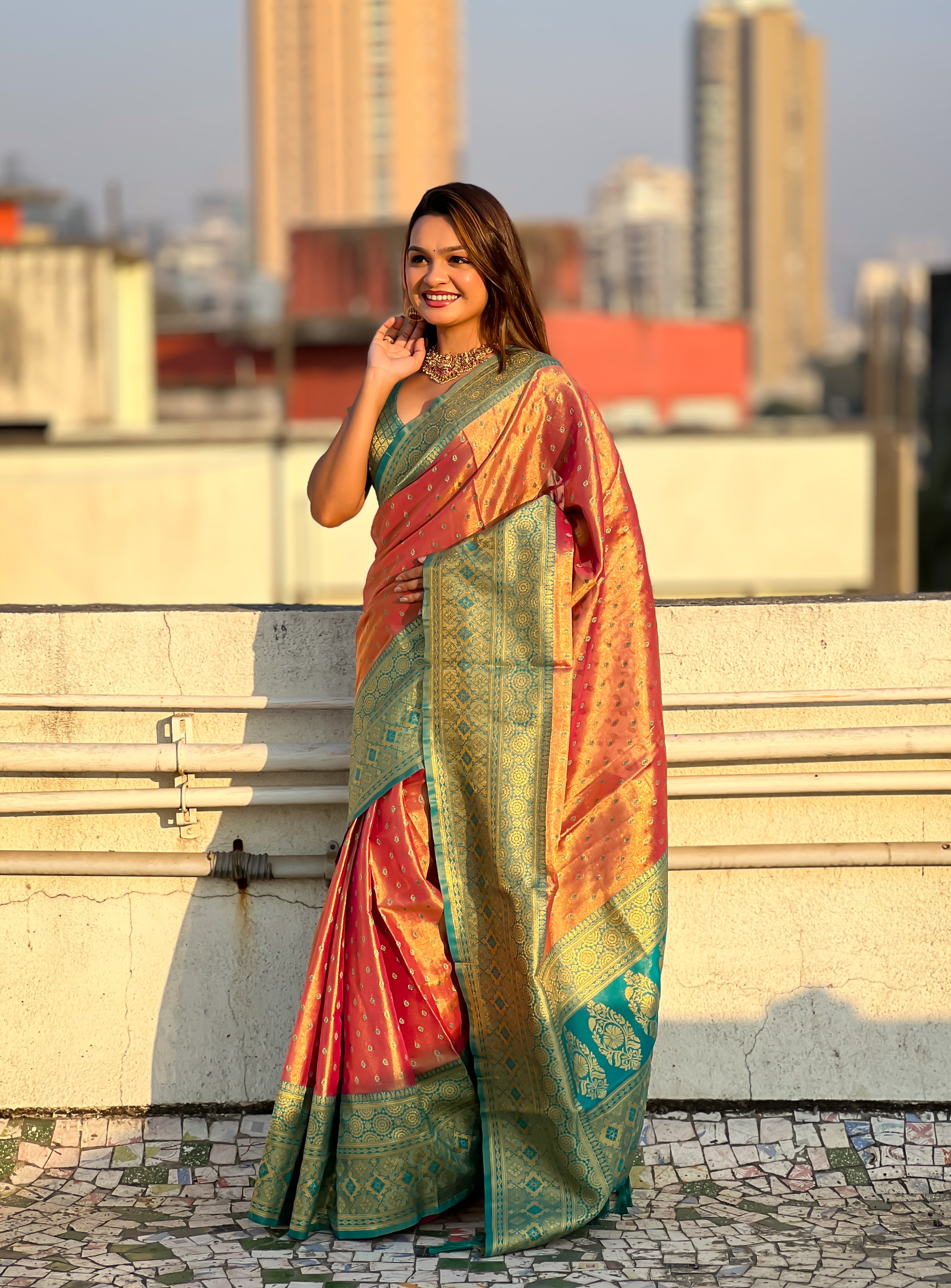 PEACH BANARASI SILK BLEND SAREE