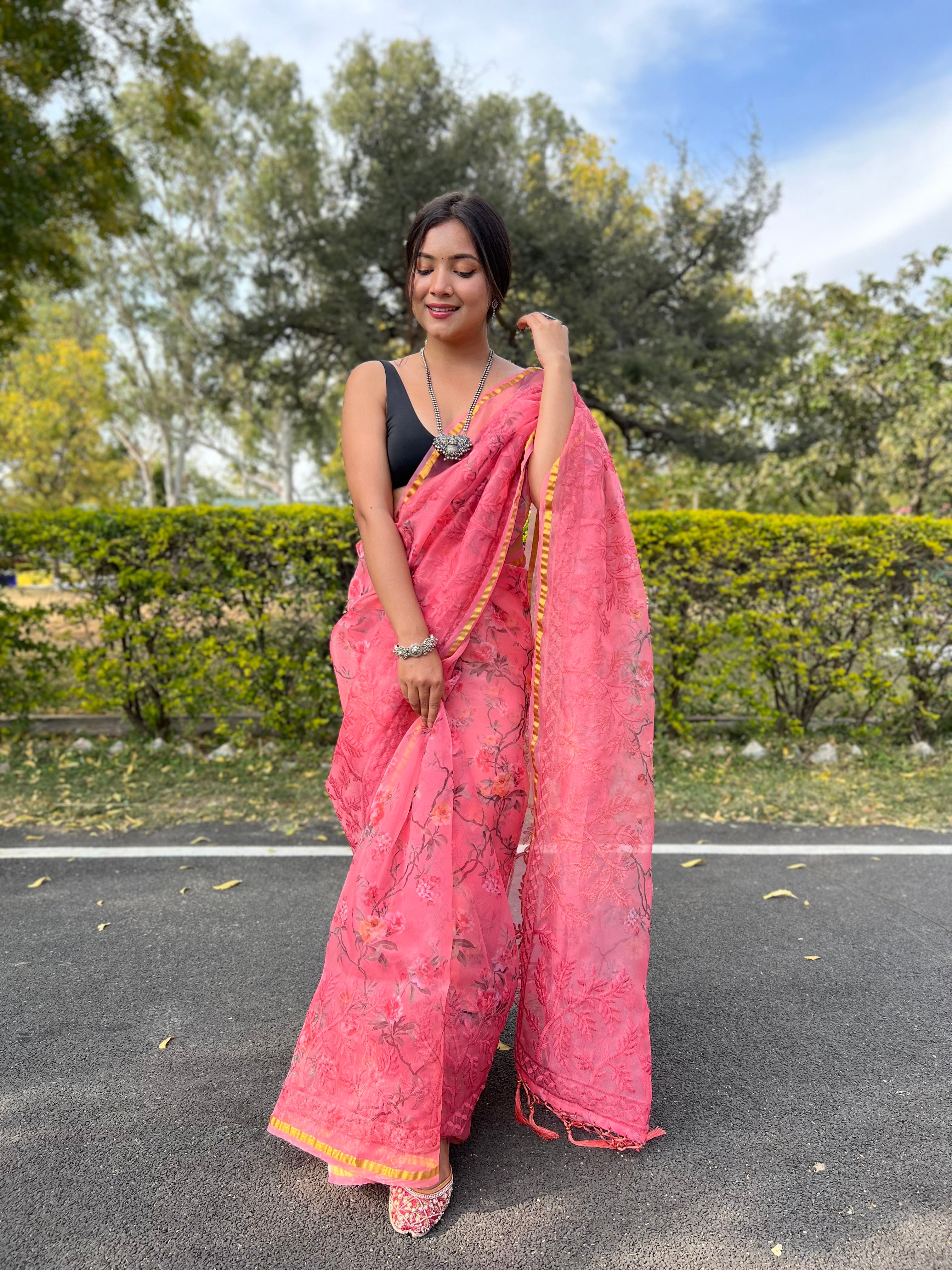 Peach Organza Saree With Satin Benglori Blouse