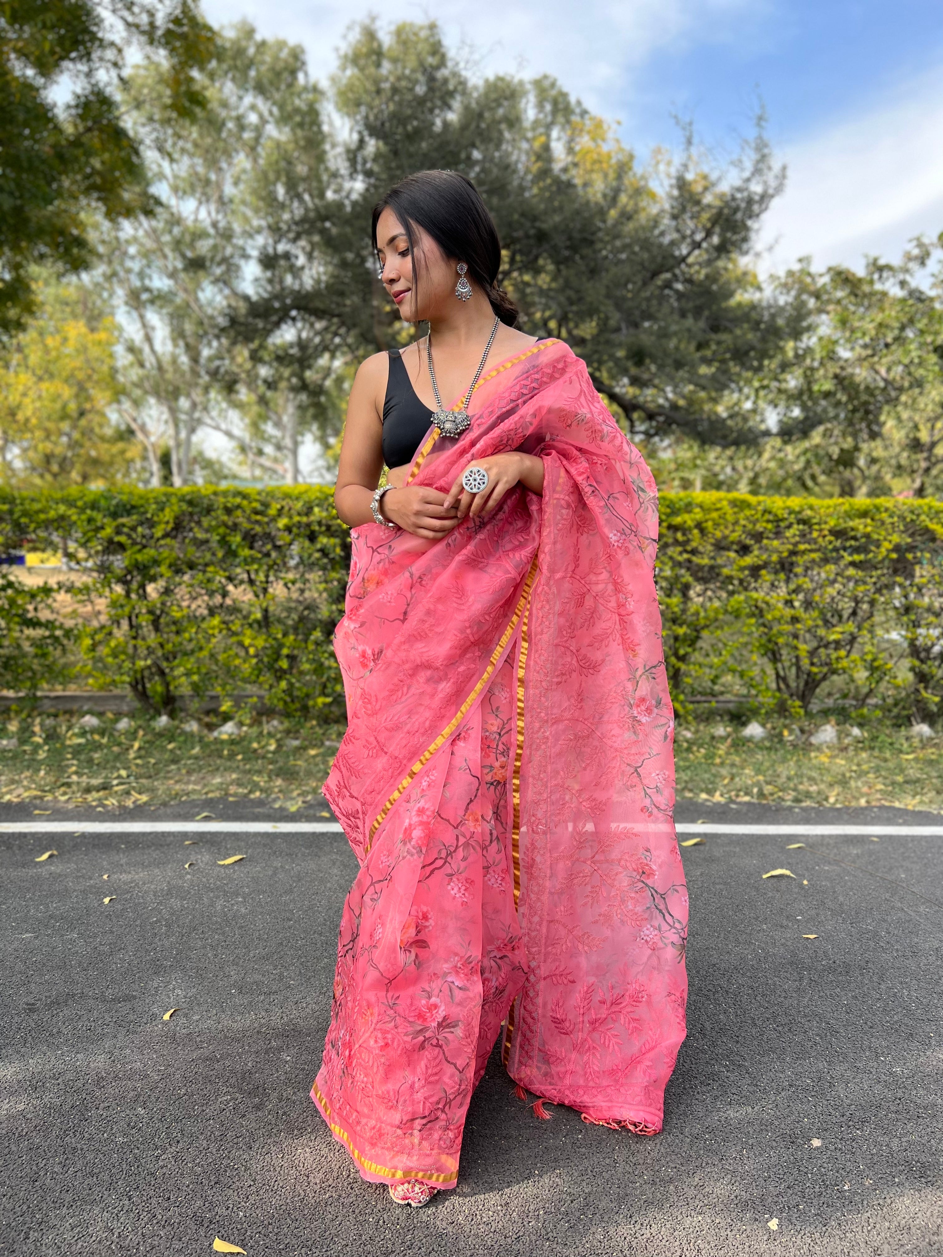 Peach Organza Saree With Satin Benglori Blouse