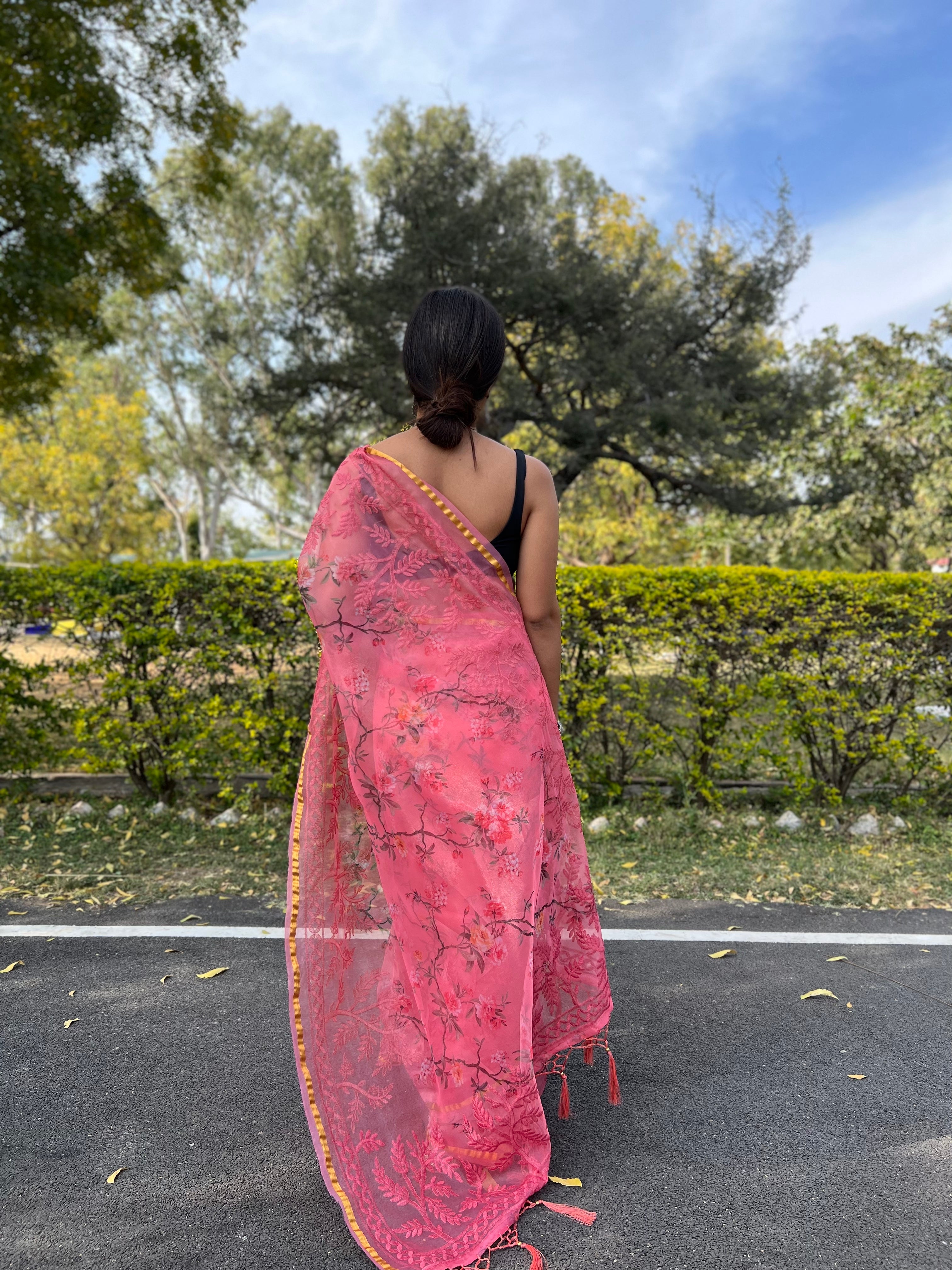 Peach Organza Saree With Satin Benglori Blouse